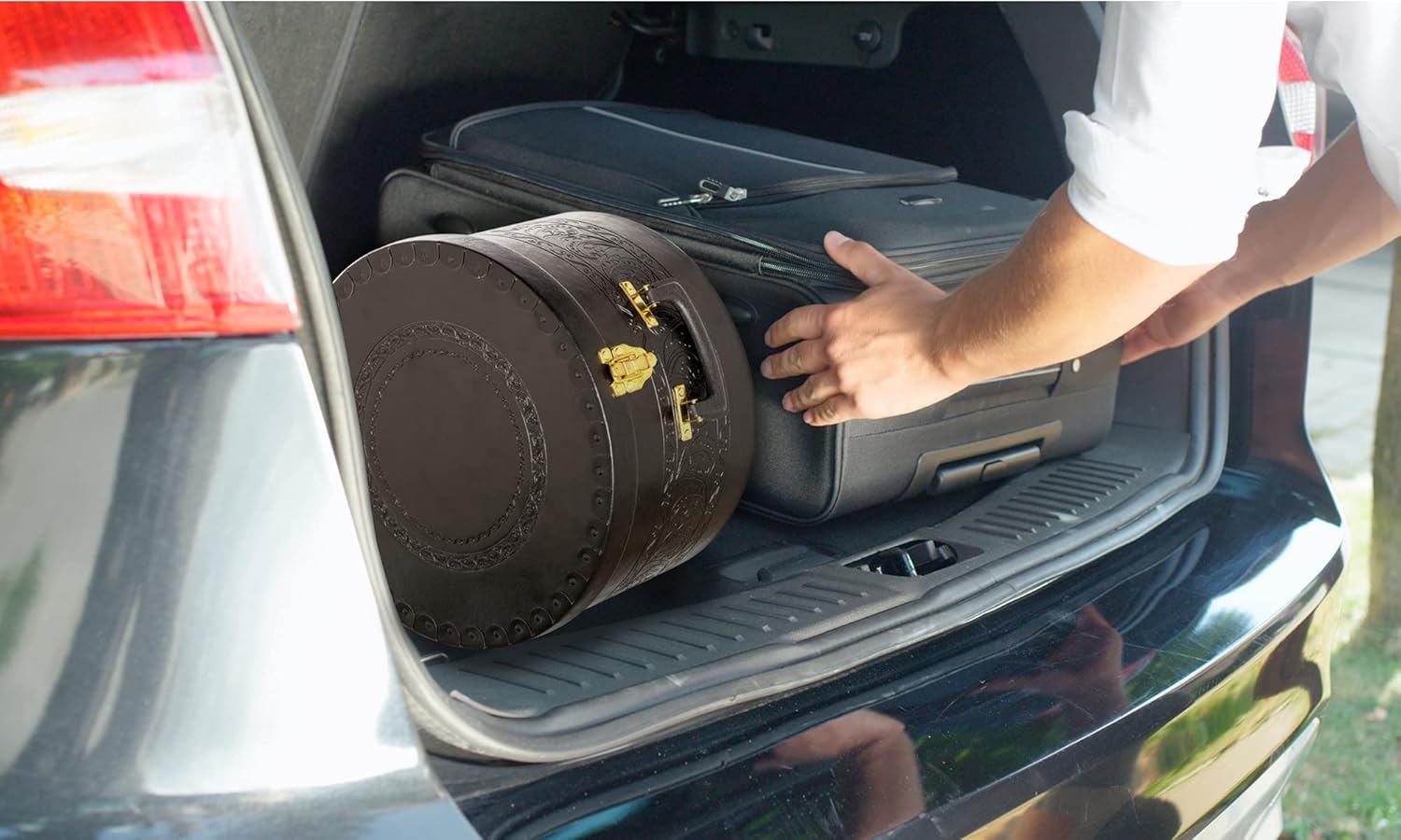 Creative Scents Caja grande para sombreros para hombres y mujeres, contenedor redondo para sombreros, fácil de viajar, con tapa de bloqueo dorada y