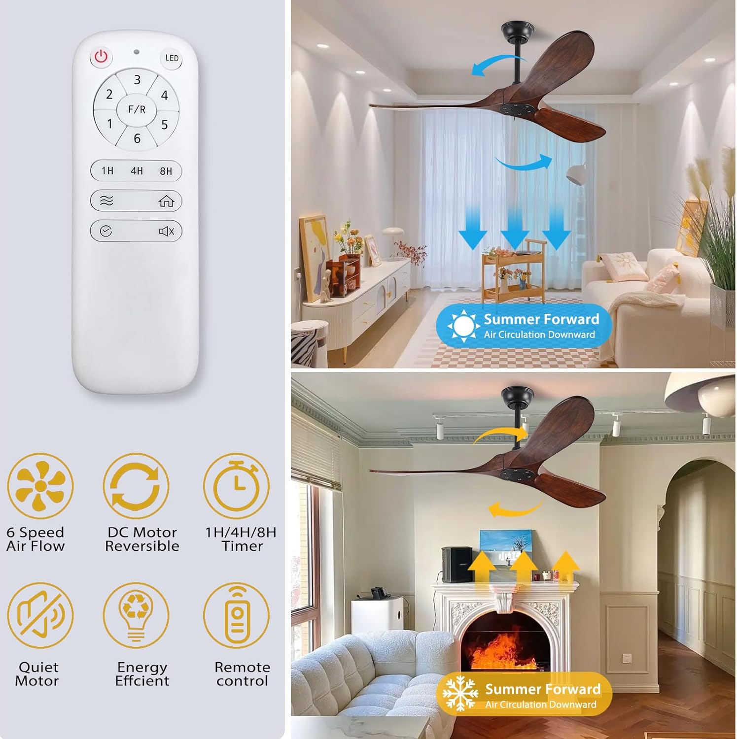 YKXONFA Ventiladores de techo de madera maciza sin luz, ventilador de techo moderno de nogal de 52 pulgadas para interiores y exteriores, con 6