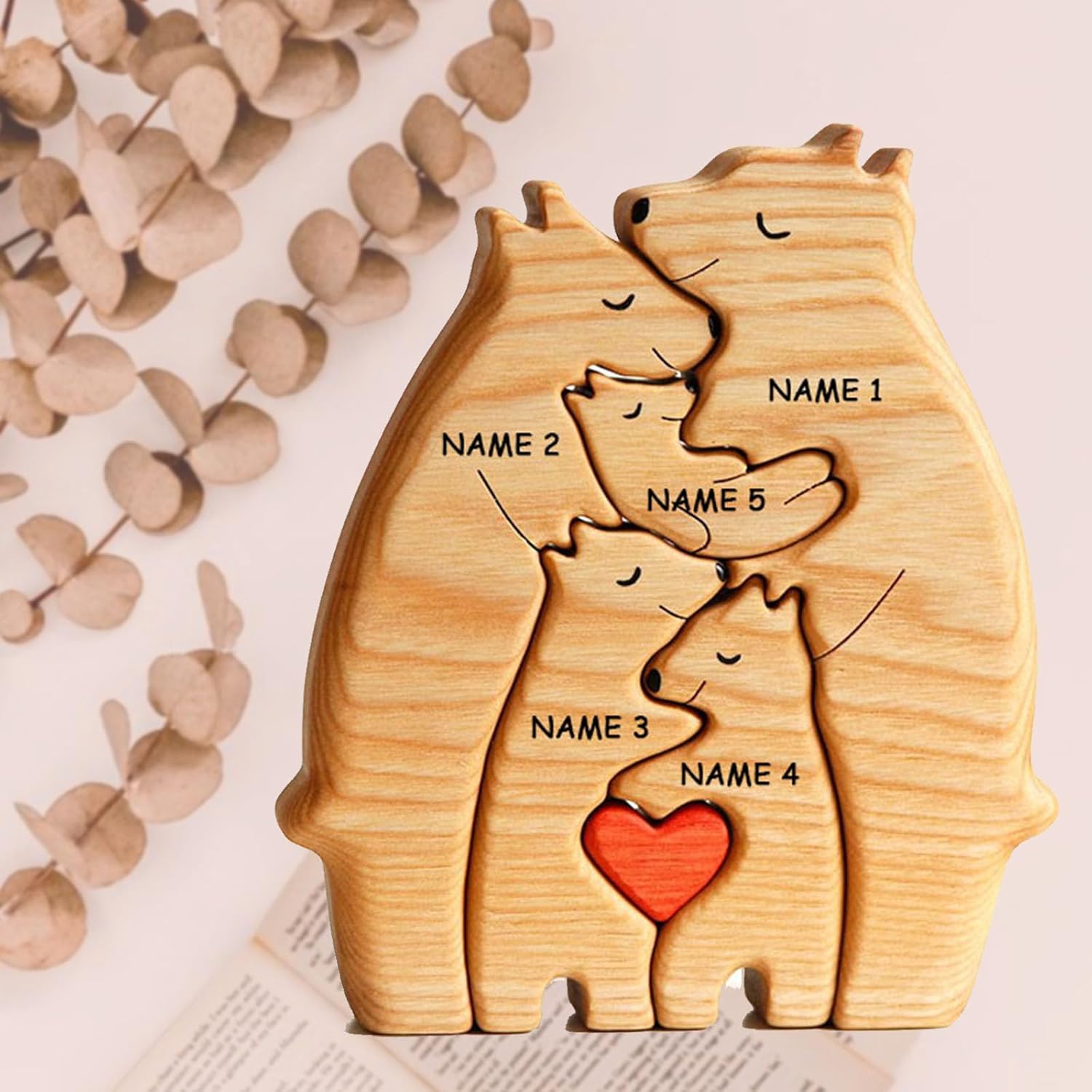 Rompecabezas personalizado con nombres de familia  Rompecabezas de oso de madera  Rompecabezas de madera personalizable de roble pieza decorativa