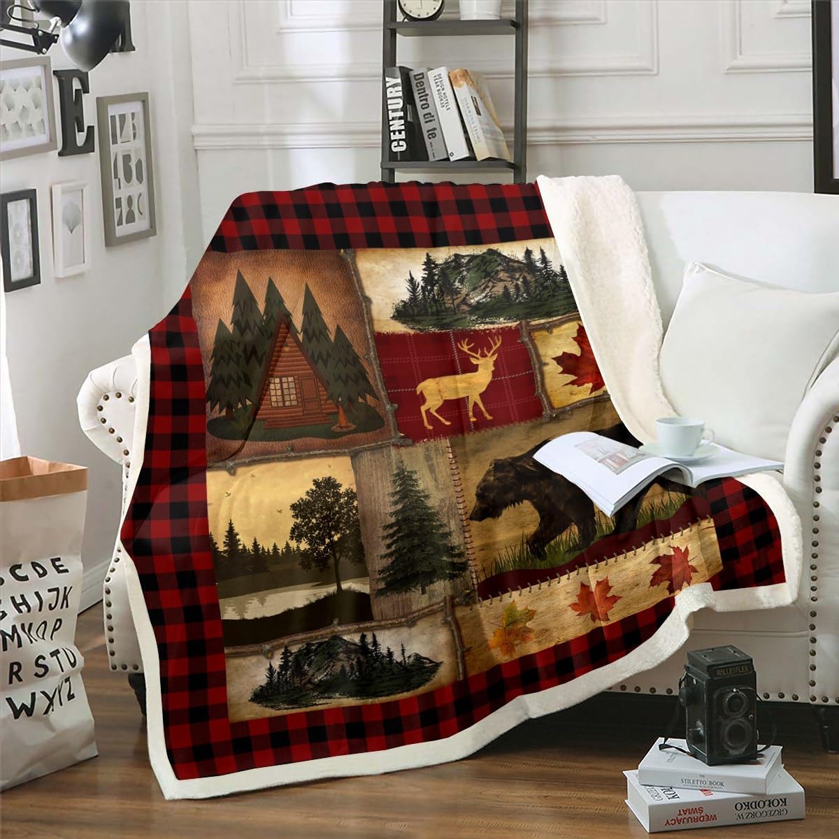 Bear Cabin – Manta de vellón a cuadros tamaño Queen, manta de vellón rústica de granja, manta retro de ciervos de caza, manta mullida de pino y