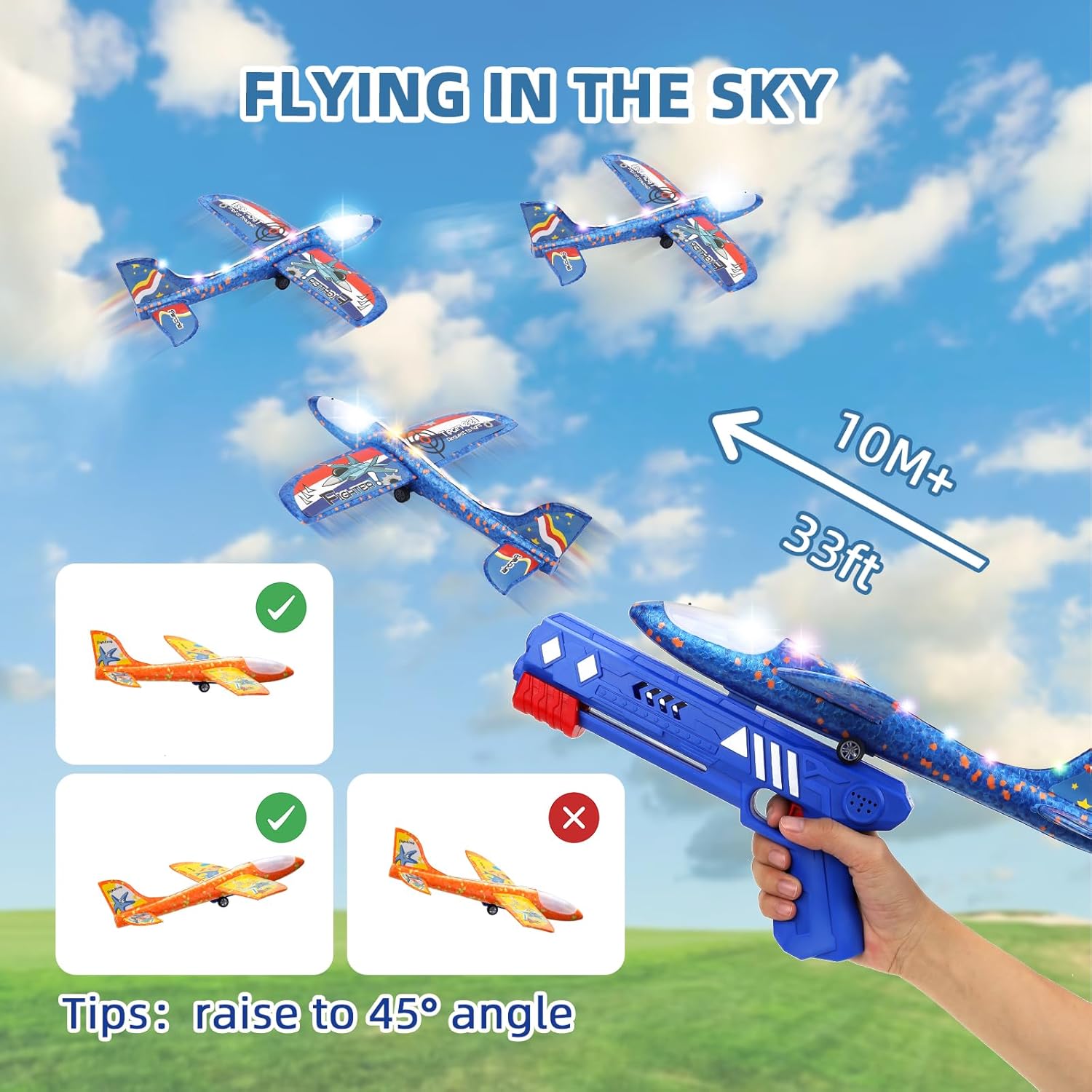 Paquete de 3 juguetes de lanzamiento de avión de espuma, avión de catapulta LED con 2 modos de vuelo, juguetes al aire libre para niños, juguetes de