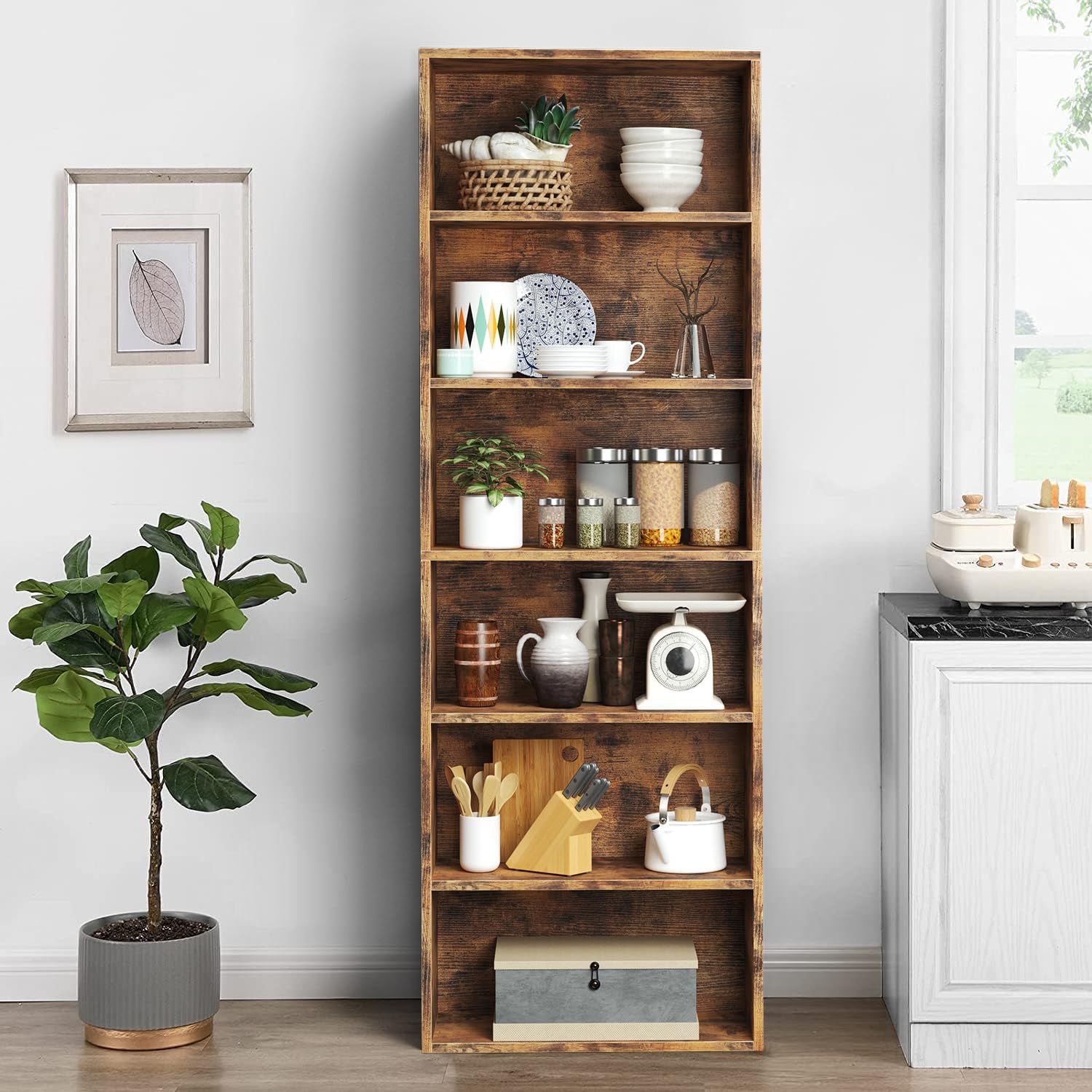 oneinmil Estantería y estantería de 6 niveles, estanterías de madera con puertas de gabinete, estanterías de piso y gabinetes de almacenamiento de