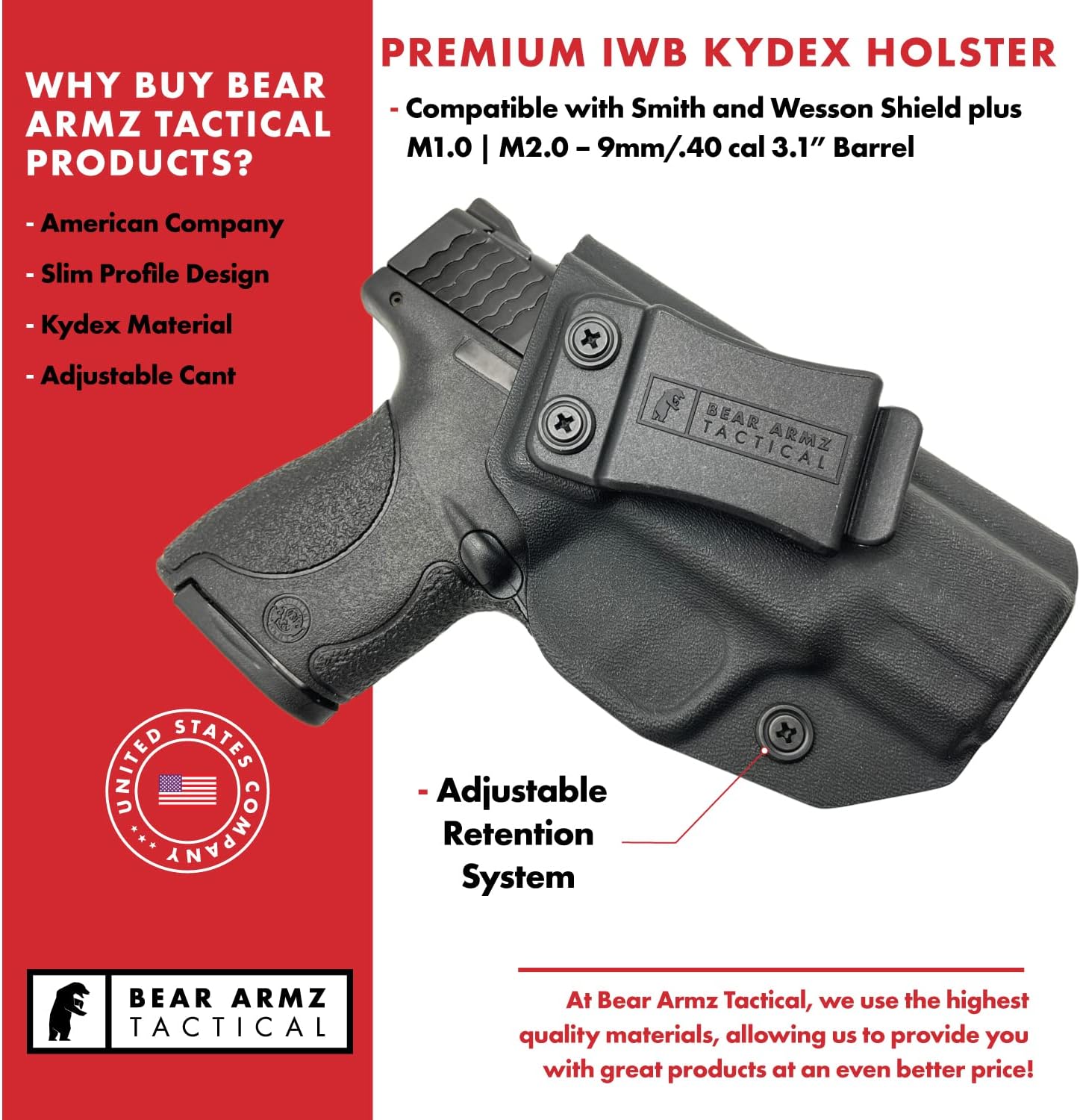 IWB Funda Kydex compatible con Smith y Wesson M&P Shield Plus  M1.0M2.0.000  0.354 in.40 Cal 3.1 BarrelAmerican CompanyFundas de transporte ocultas