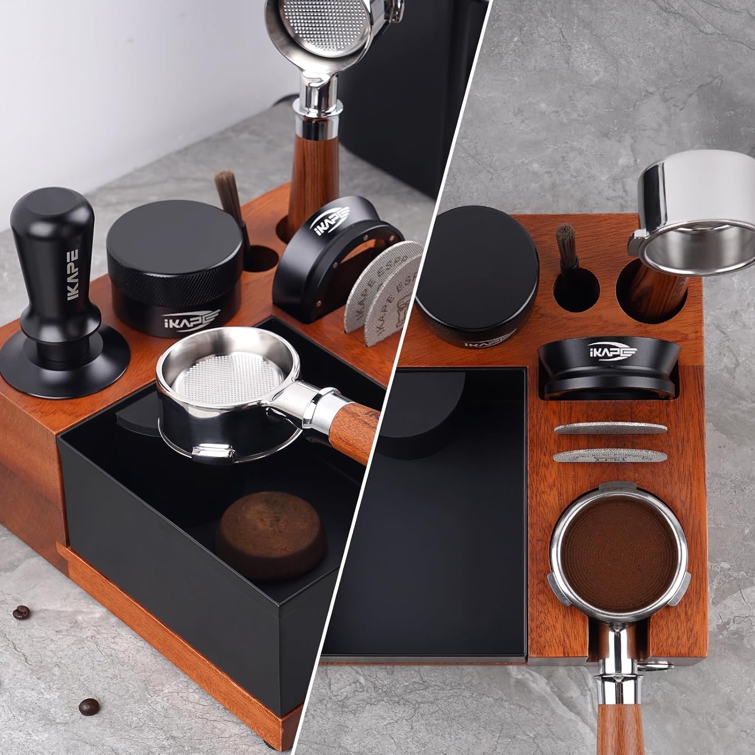 IKAPE V5 – Caja organizadora de café expreso apta para almacenamiento de 2.283 in, distribuidor, portafiltro y accesorios de pantalla de disco, base