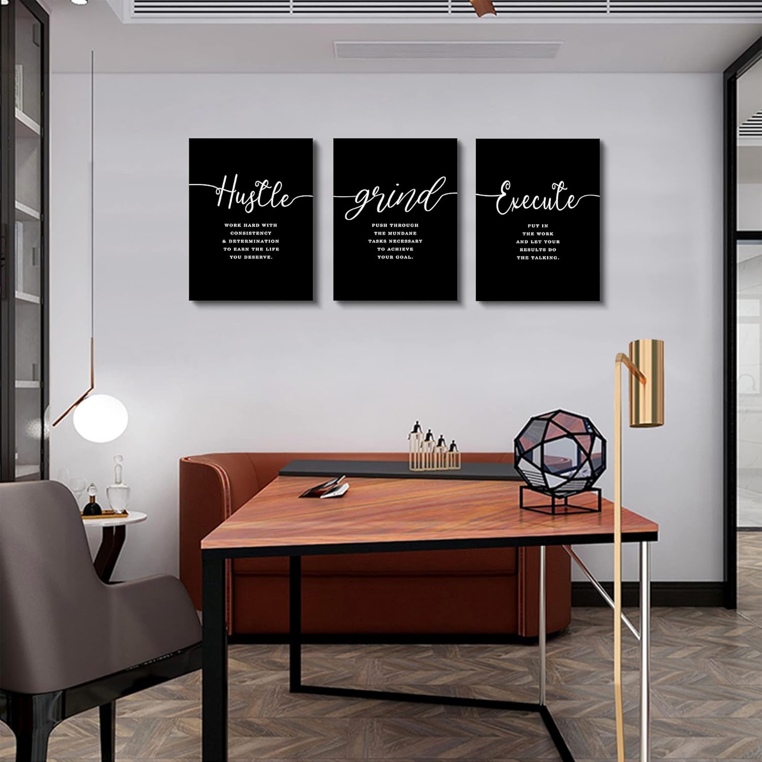 Decoración de oficina, impresiones de ajetreo con citas de ejecución, lienzo enmarcado para pared, arte de pared de oficina, póster grande negro,