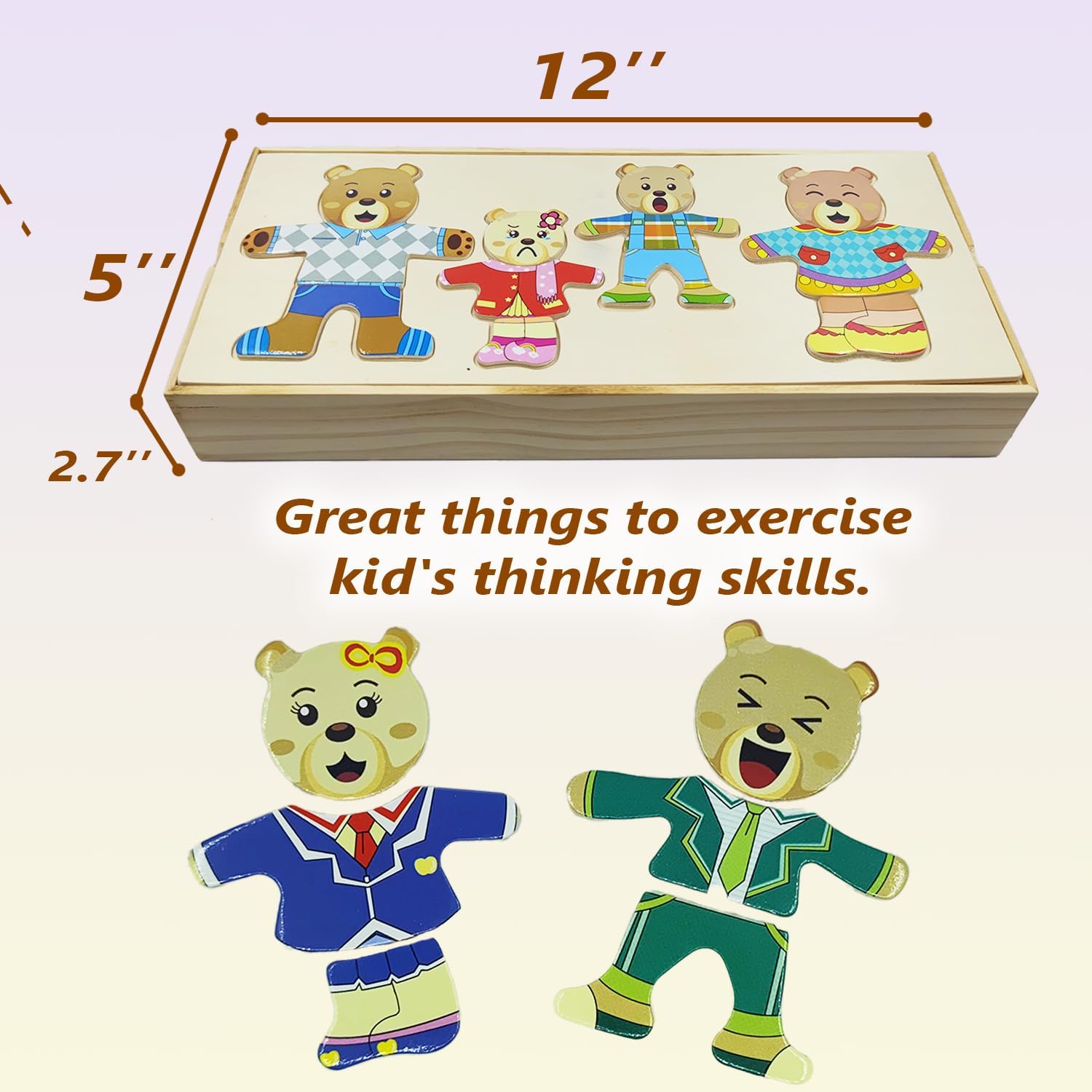 Caja de rompecabezas de madera con oso de familia, juguetes de vestir, juego de rompecabezas de vestir (72 piezas), juegos de cambio de ropa,