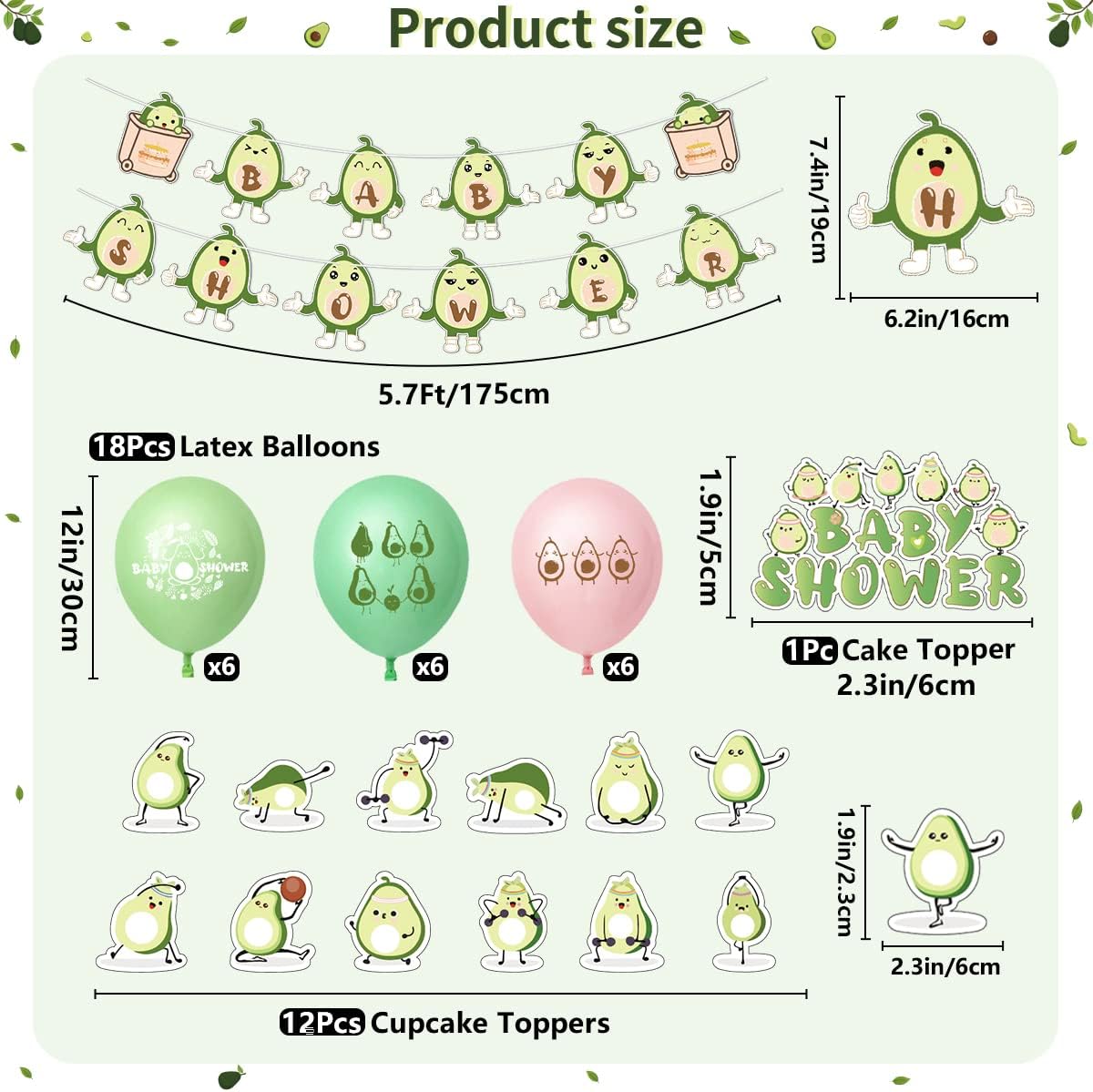 Decoraciones de fiesta de baby shower, tema de aguacate y frutas, suministros para fiesta de baby shower, pancartas de baby shower, 18 globos de