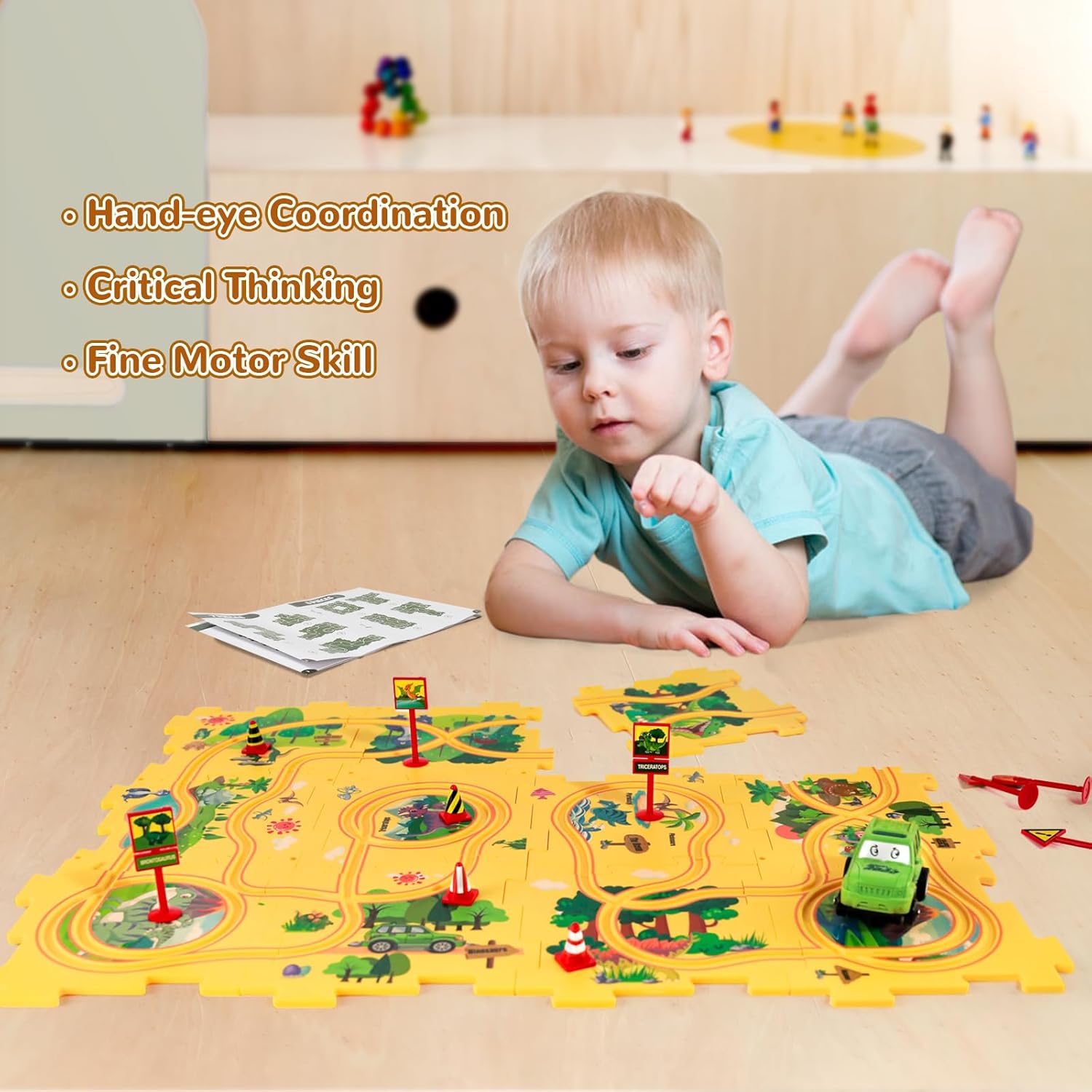 XAZASTOV Rompecabezas de piso de plástico para niños de 3 a 5 años, juego de rompecabezas de pista de coche, juguetes educativos Montessori para