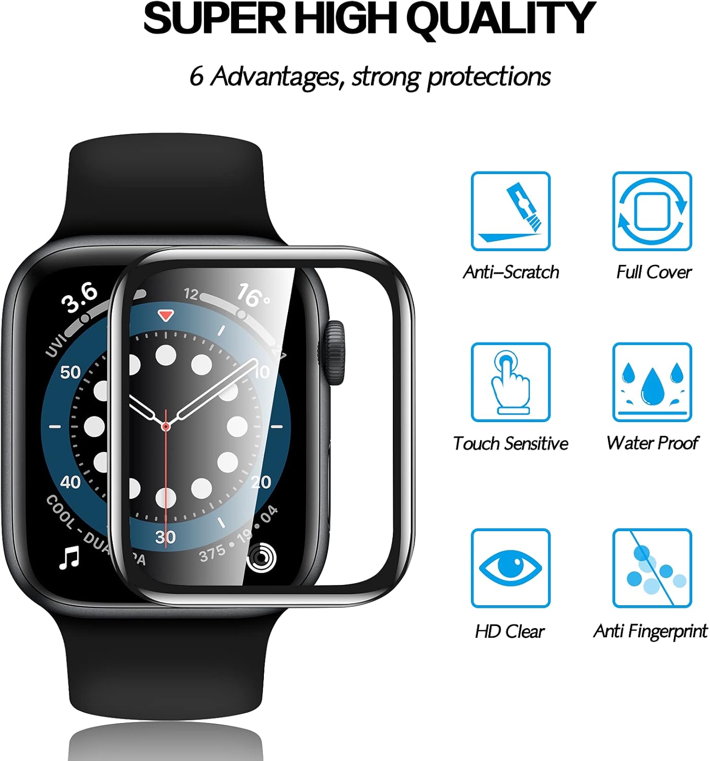 Paquete de 2 Protector de pantalla de vidrio templado para Apple Watch Series 6SE54, cubierta protectora de cobertura completa con borde curvado 3D,