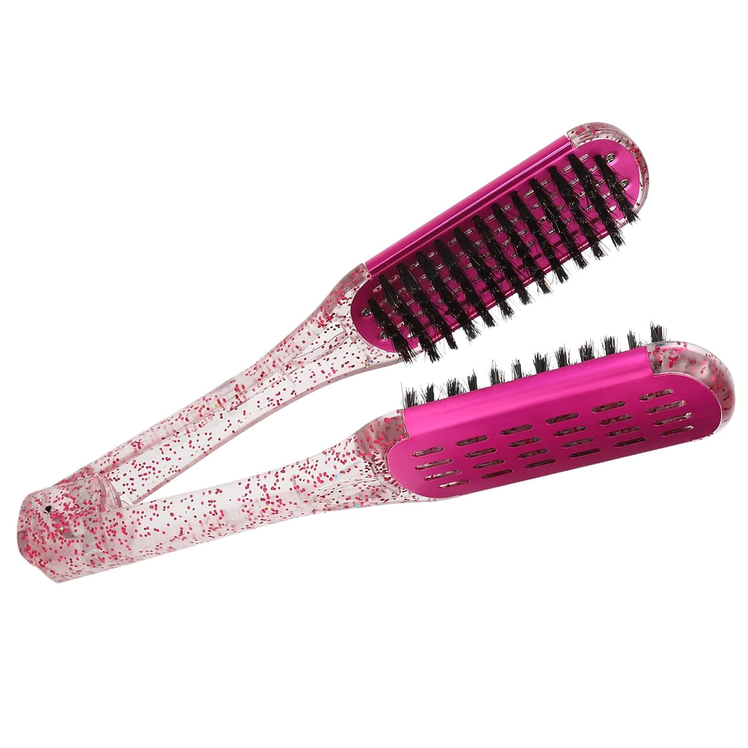 Férula para alisar el cabello, peine de pelo suave de doble cara enderezadora de pelo abrazadera cepillo herramienta de peinado rojo rosa