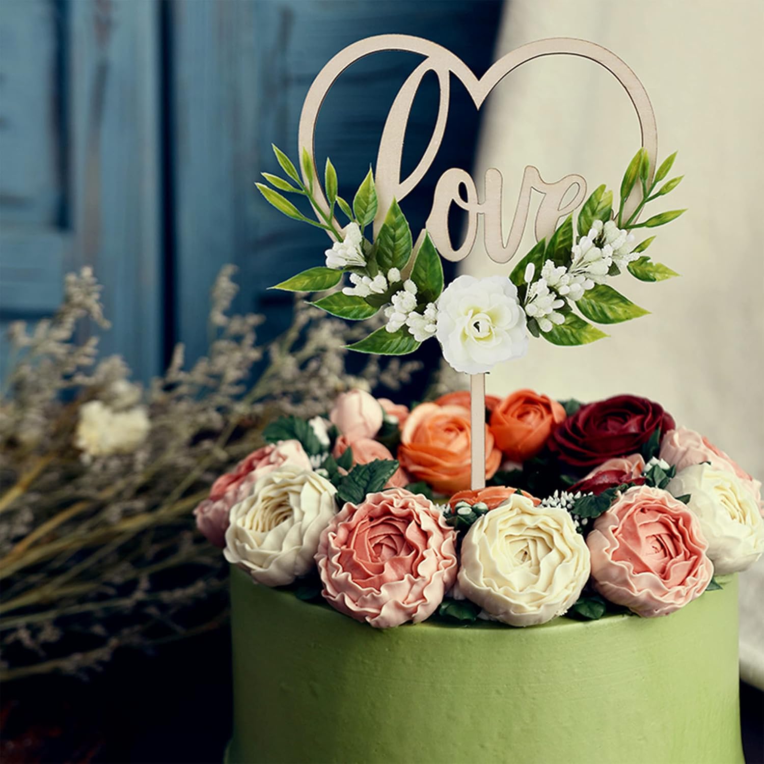 Decoración de pastel LOVE para boda, corona de madera en forma de corazón con flores y hojas verdes para decoración de compromiso, aniversario,