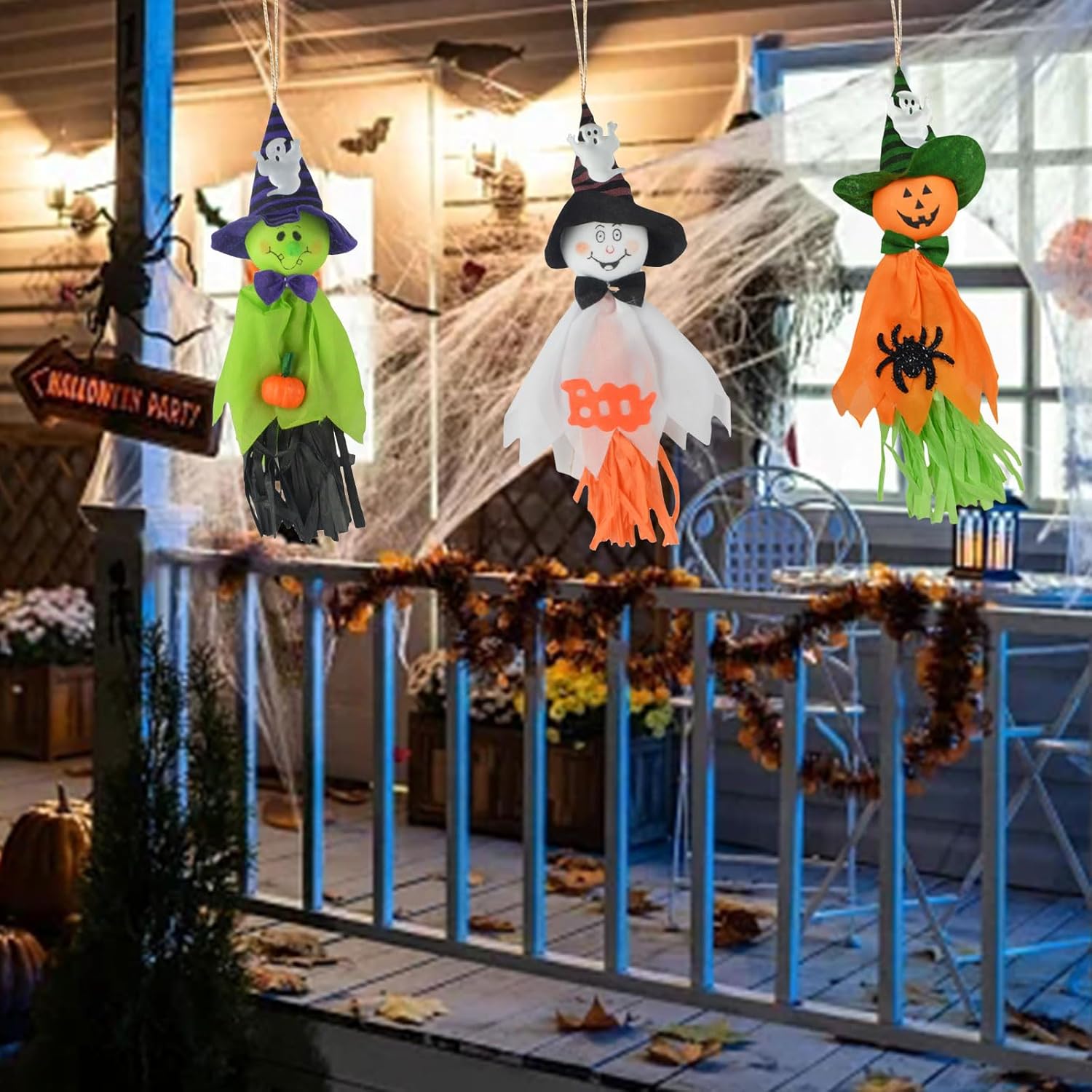 Decoraciones colgantes de fantasma de Halloween, 3 piezas de lindo colgante de paja de fantasma volador, adornos colgantes de Halloween para patio