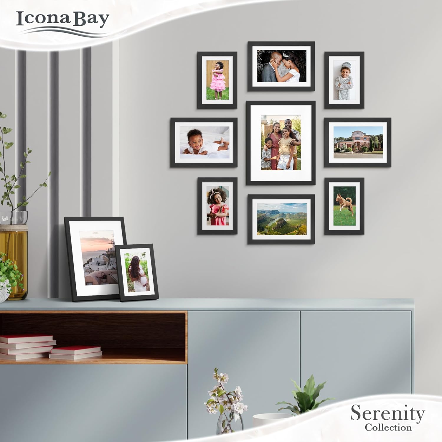 Icona Bay Serenity Collection – Portarretratos de 8 x 10 pulgadas con paspartú extraíble para fotos de 5 x 7 pulgadas (negro), elegante y moderno,