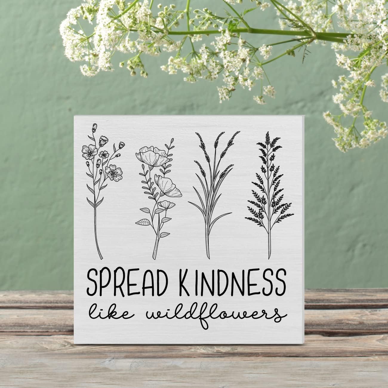 Cartel de madera Spread Kindness Like Wildflowers, caja de madera con flores de granja, letrero de bloques de escritorio, letreros rústicos para
