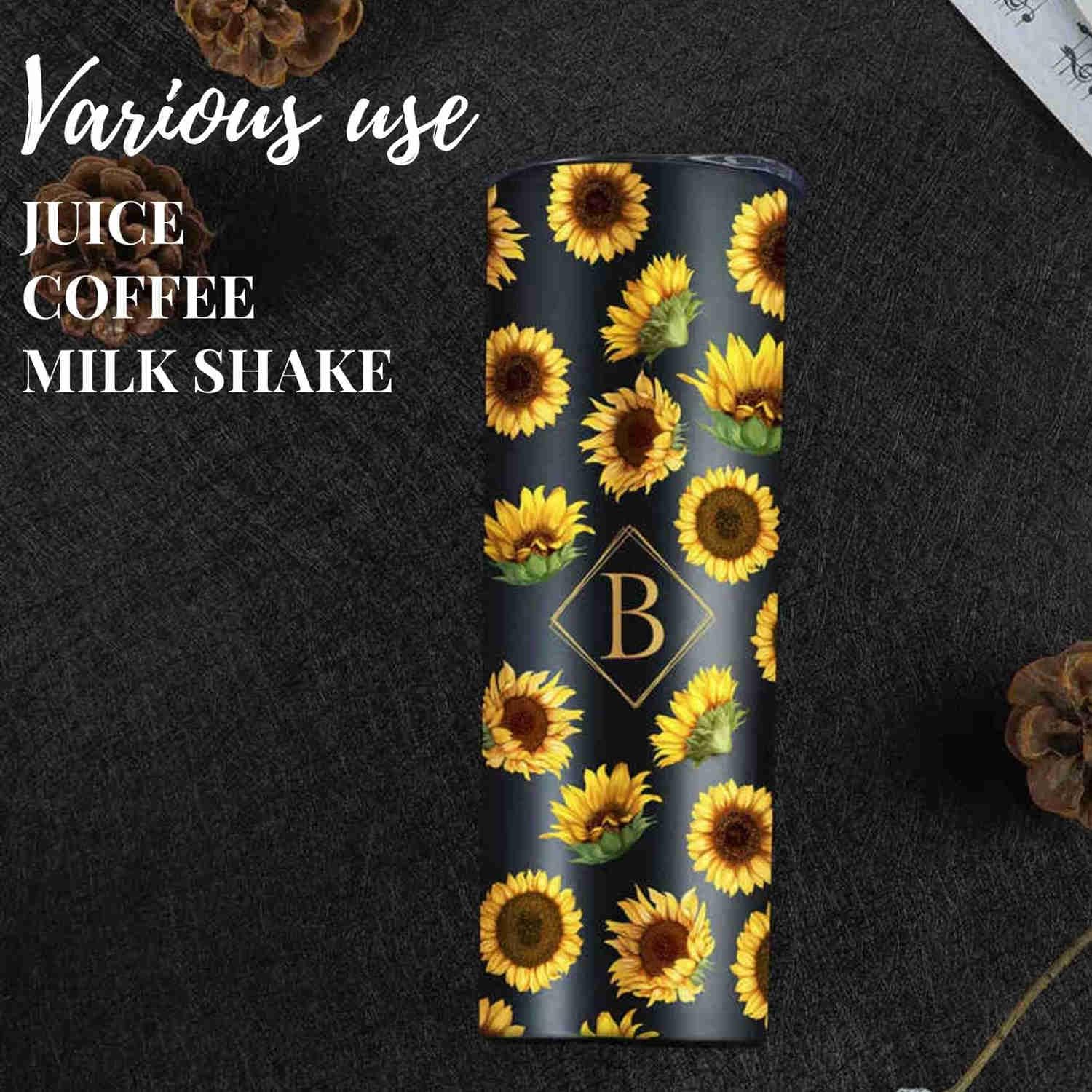 Onebttl Regalos de girasol con inicial para los amantes del girasol, vaso de vino de acero inoxidable con inicial de 20 onzas con diseño de girasol,