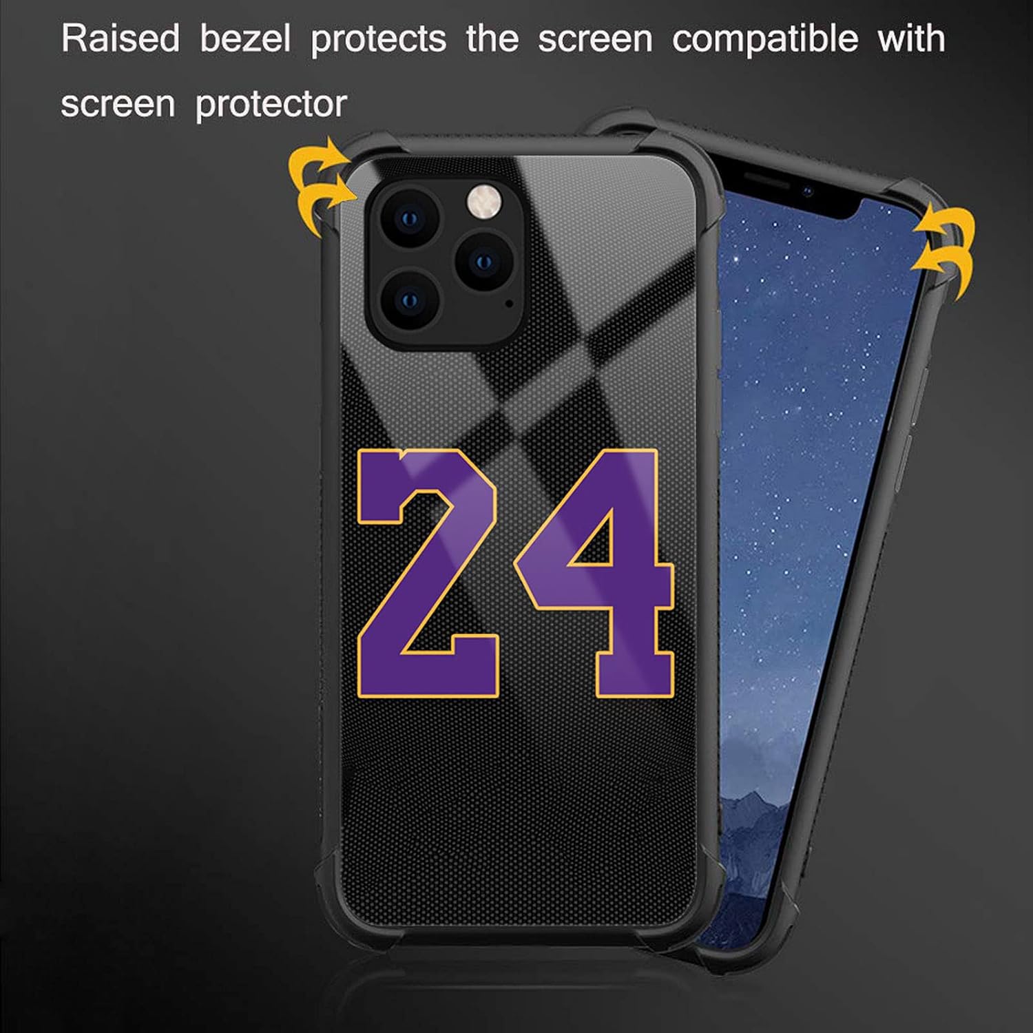 Funda compatible con iPhone 13 Pro Max, color negro, 24 jersey, morado, amarillo, diseño de patrón increíble, a prueba de golpes, antiarañazos,