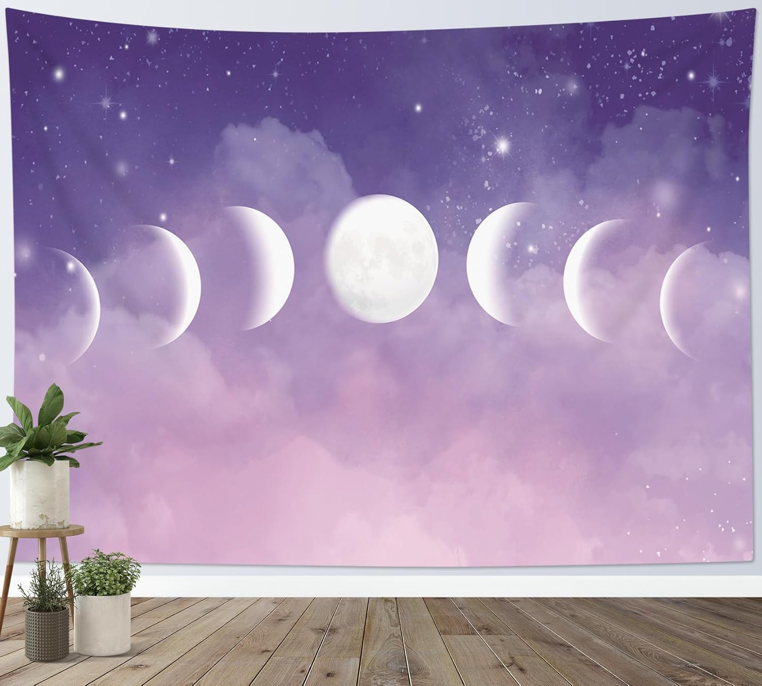 HVEST Tapiz de fase lunar para colgar en la pared, fase lunar y estrellas con nube en el cielo morado, tapiz de paisaje natural pastel para sala de