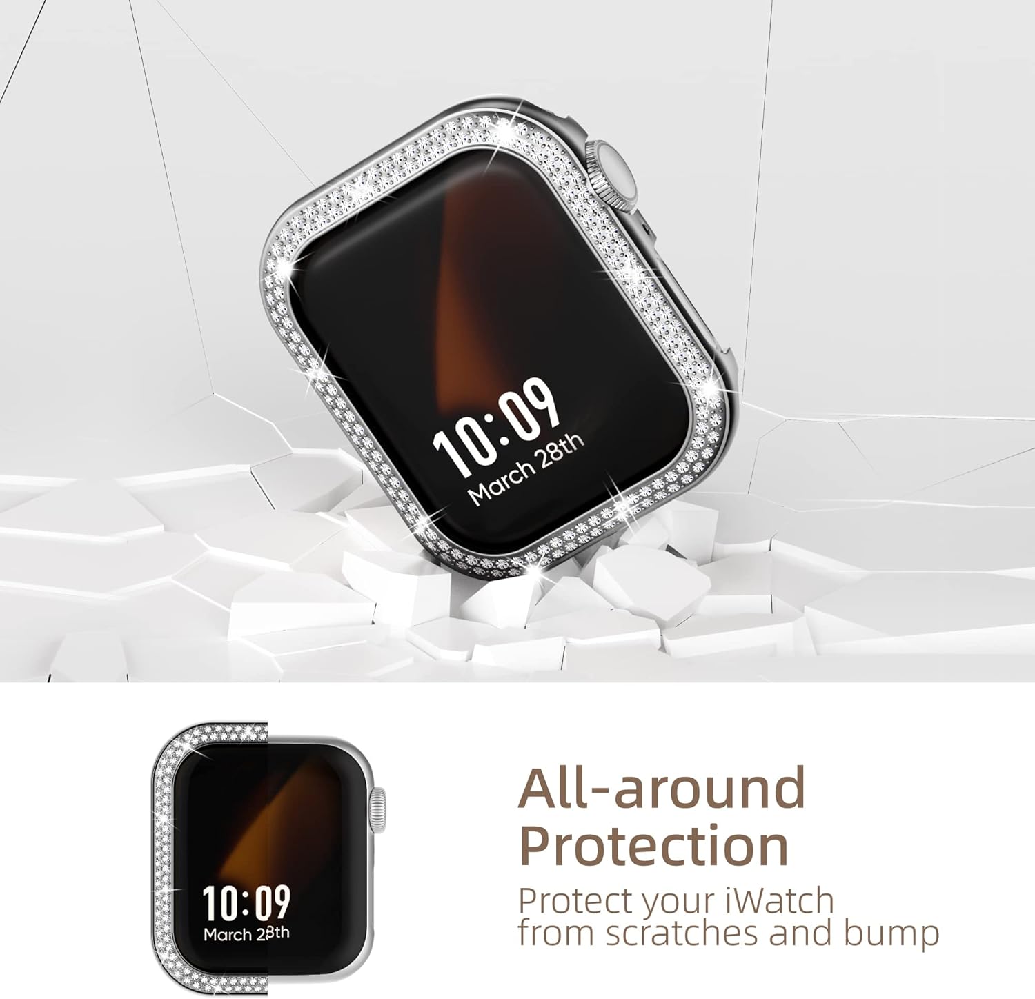 Missair Bling Funda compatible con Apple Watch Series 6, 5, 4 SE, con purpurina de doble hilera, marco de diamantes de cristal de acero inoxidable,