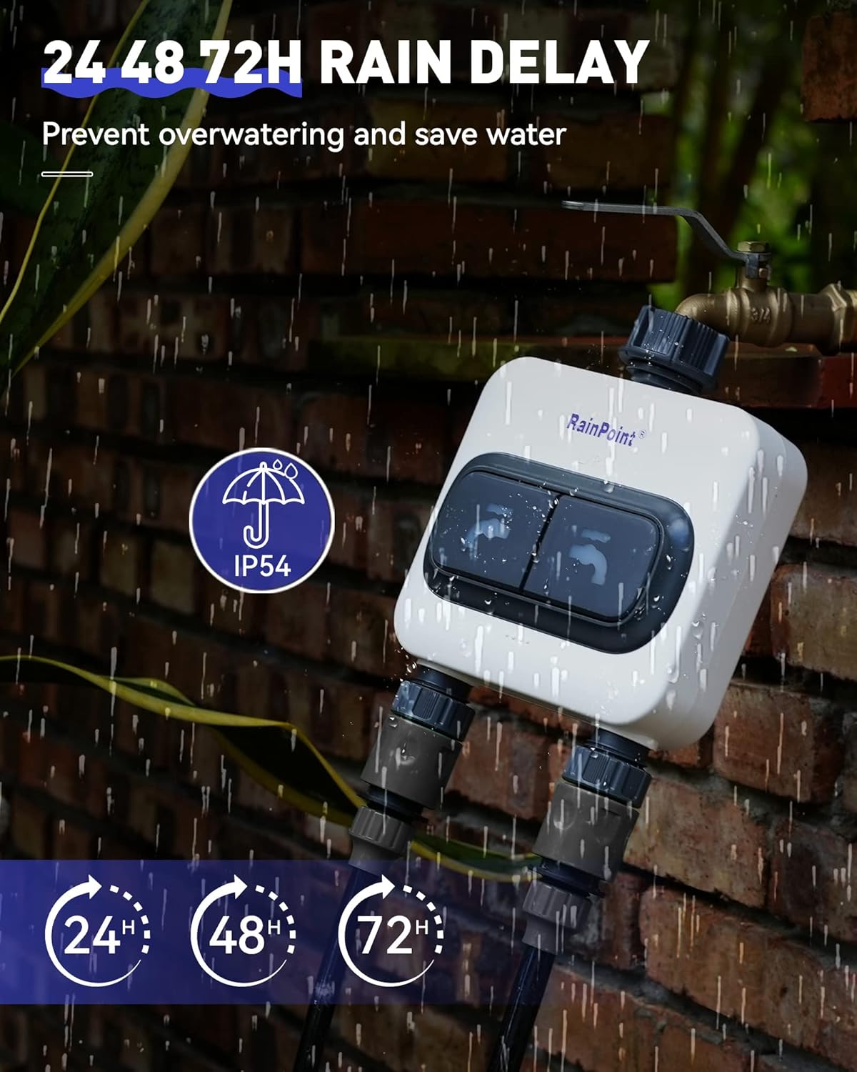 RAINPOINT Temporizador de agua WiFi para manguera de jardín  6 planes separados, riego por galón y tiempo, modo de riego y niebla, fácil de usar,