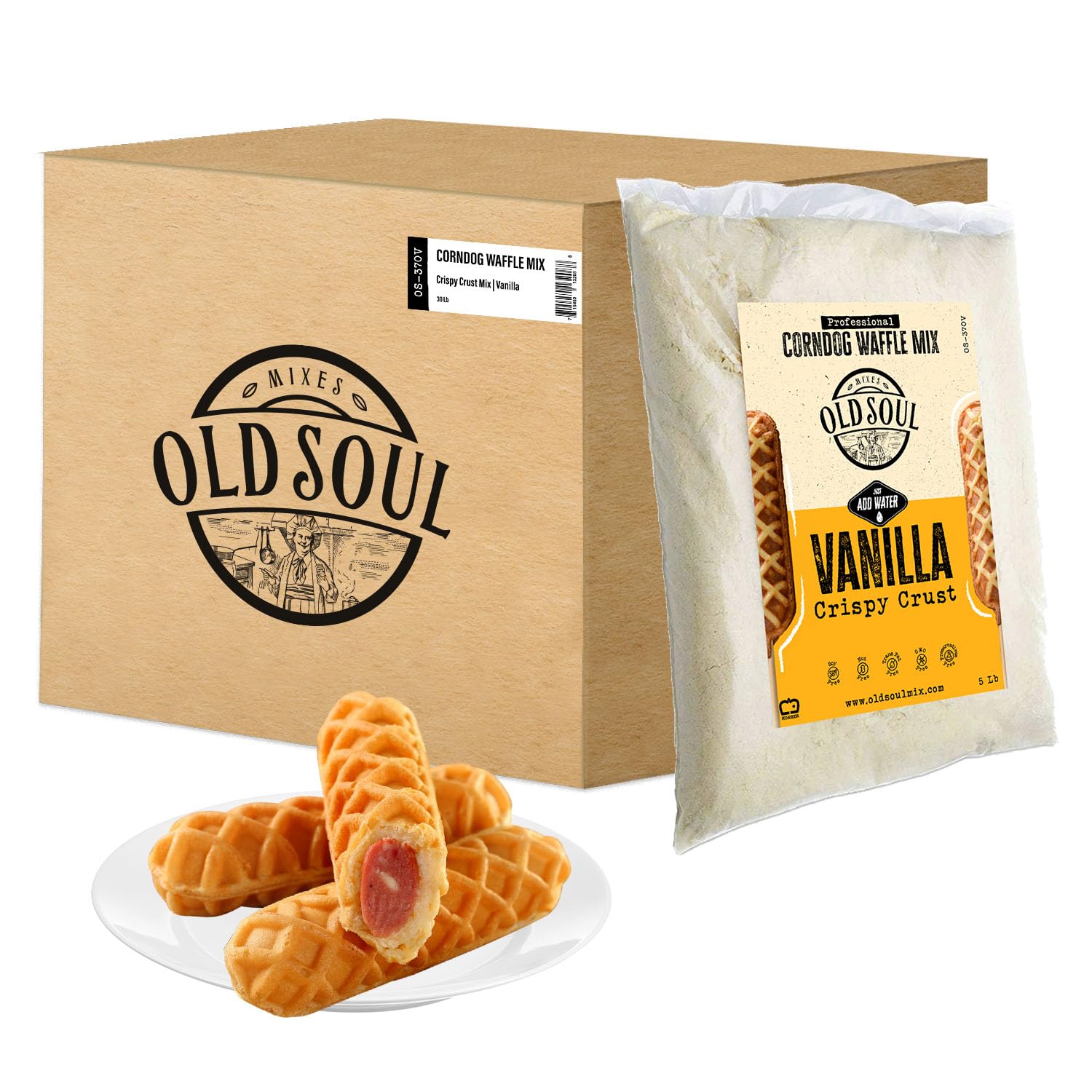 OldSoul – Mezcla profesional de gofres de corndog  Sabor a vainilla  Sin soja y nueces  30 libras  840 gofres (vainilla, 30 libras)