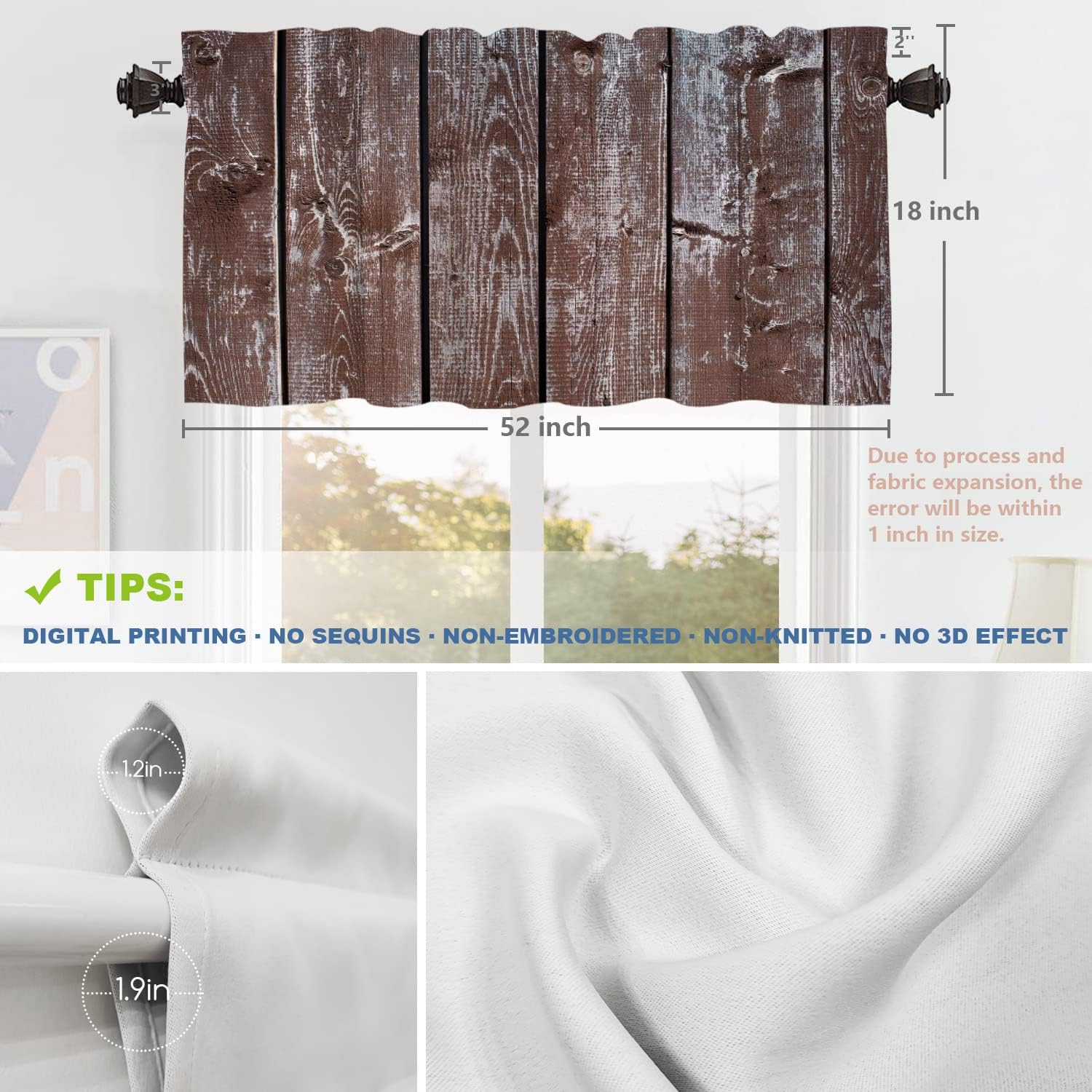 Shrahala Cenefas de cocina con textura de madera marrón, tablones de madera, cortina de media ventana de madera marrón, tratamiento de ventana,