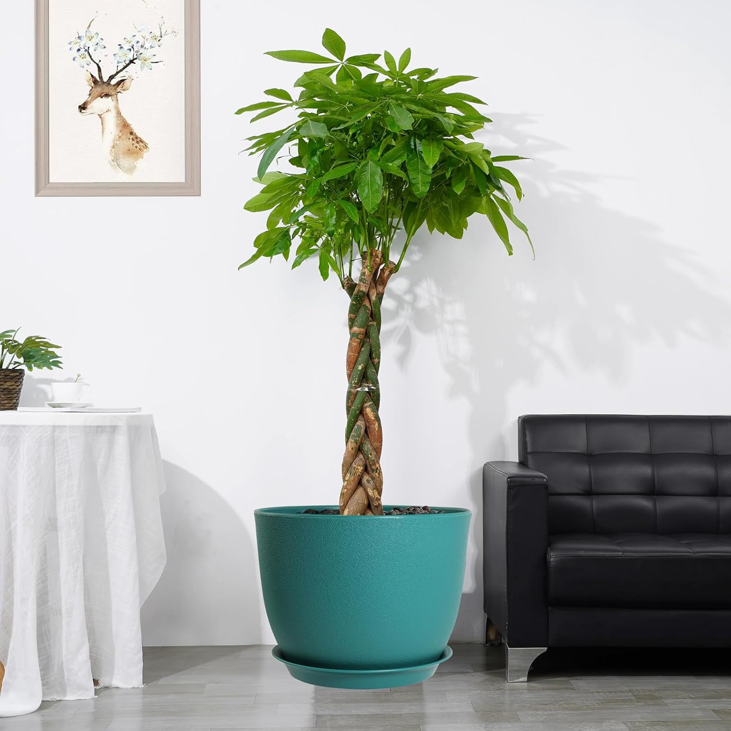 Macetas modernas grandes de plástico con agujeros de drenaje y platillos para plantas de interior y exterior, flores, verde malaquita