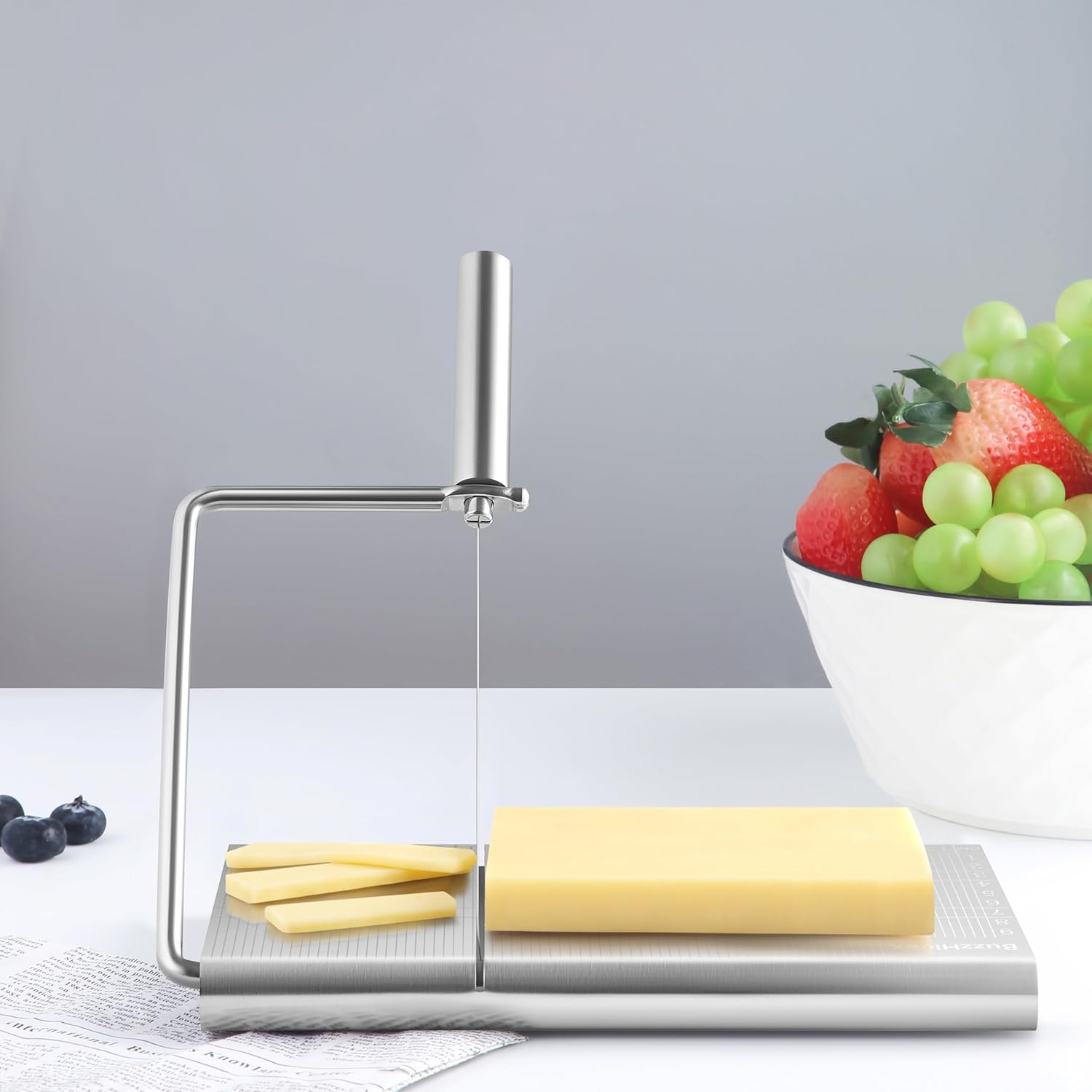 Cortador de queso con tabla para queso de bloque – Tabla de cortar queso ajustable resistente con 10 cables de repuesto – Escala precisa de acero