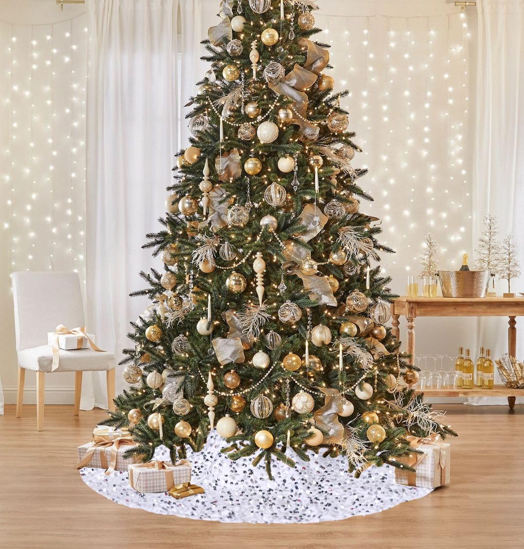 Falda de árbol de 48 pulgadas, falda de árbol de Navidad blanca plateada, falda grande de lentejuelas para árbol de Navidad de terciopelo para árbol
