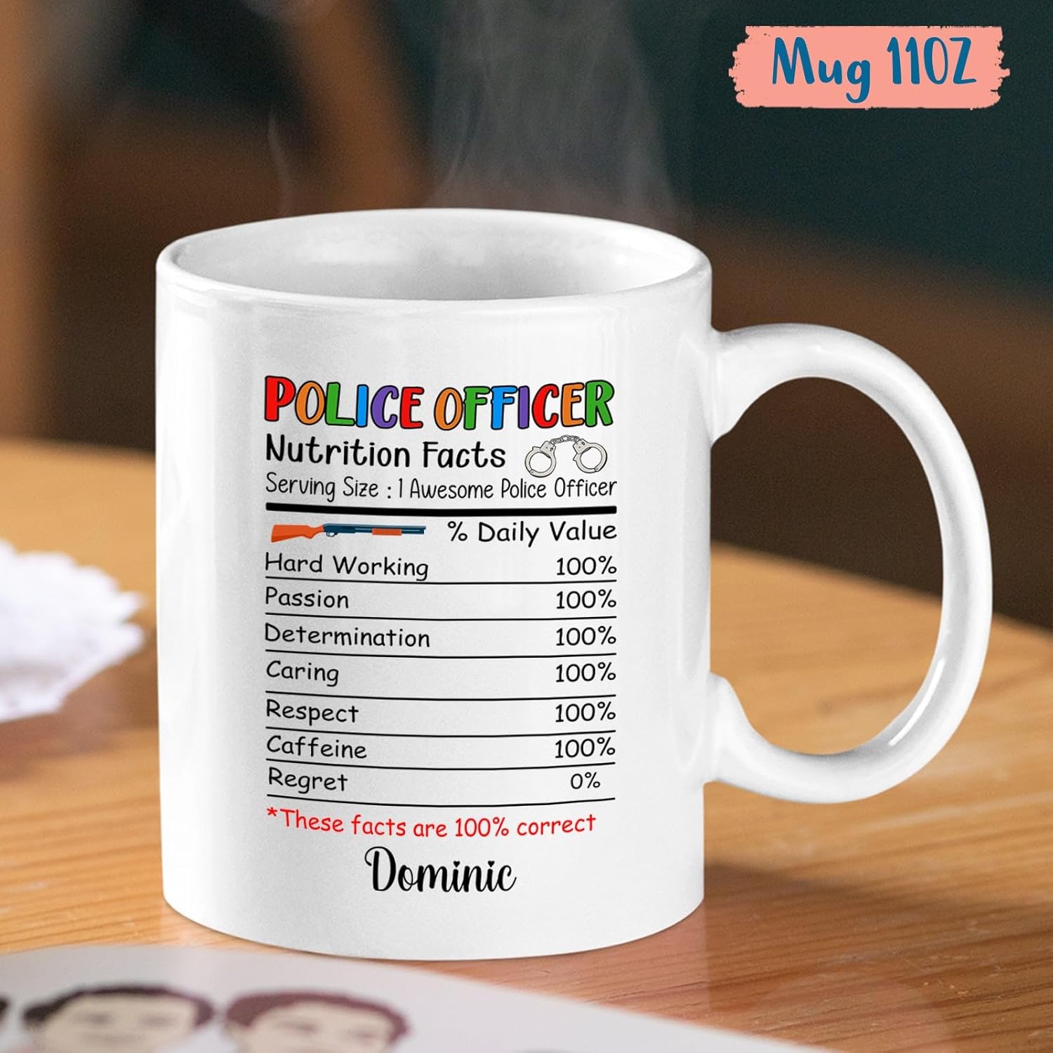 Tazas personalizadas con nombre de policía, tazas de información nutricional de oficial de policía, taza de café personalizada para policía, regalo