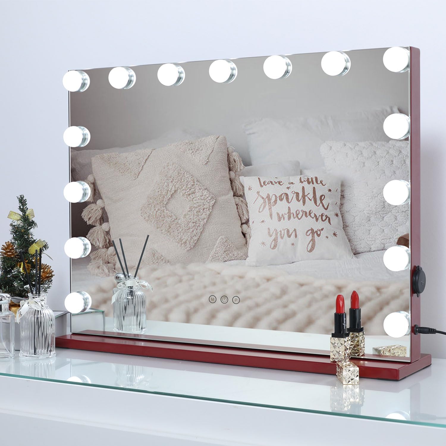 AMST Hollywood Espejo de tocador con luces, espejo de maquillaje iluminado con 15 bombillas LED regulables, espejo cosmético montado en la mesa o en