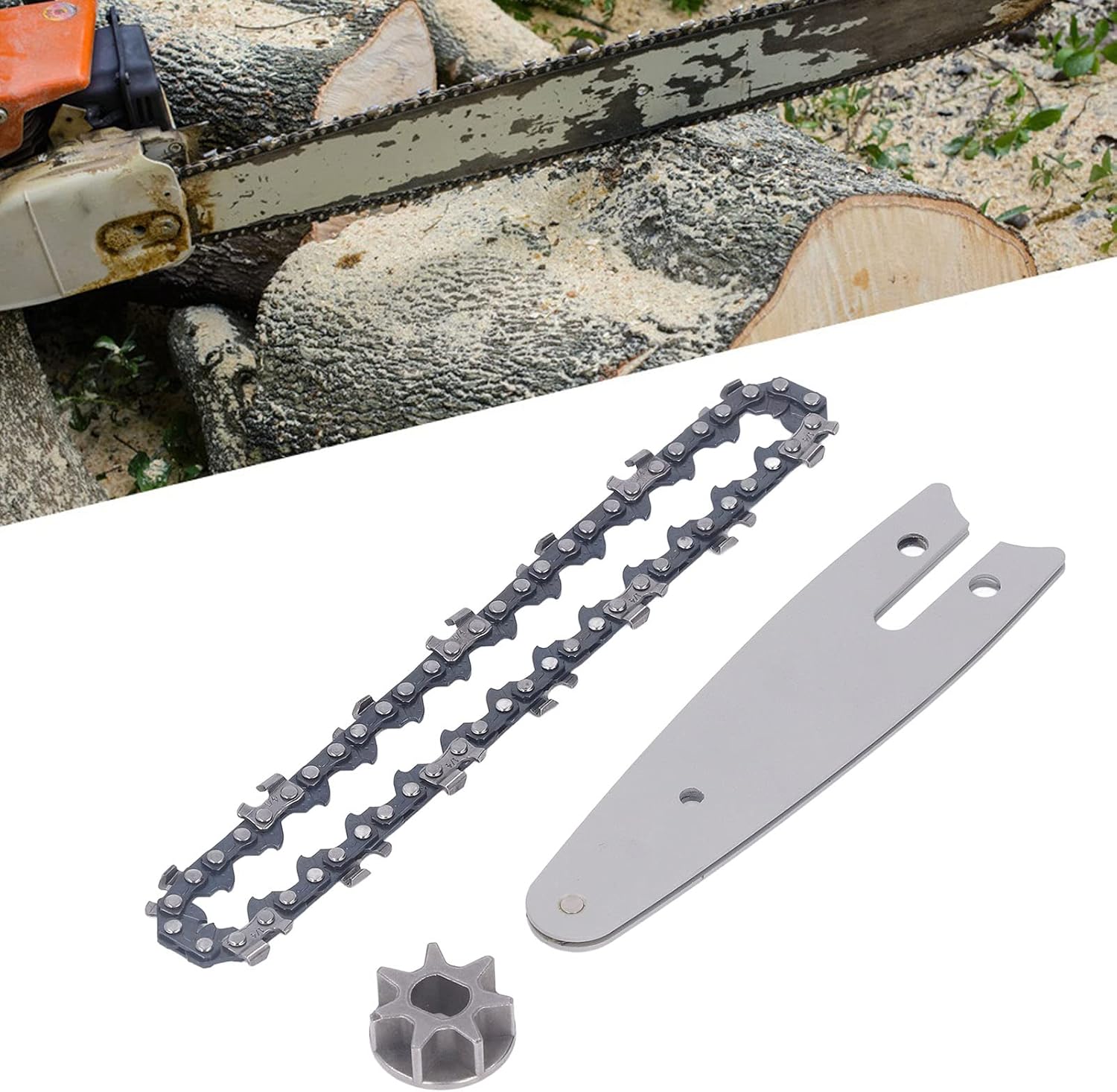 CHICIRIS Mini juego de cadena de motosierra, repuesto de piñón de barra guía de cadena de 4 pulgadas para motosierra eléctrica inalámbrica pequeña