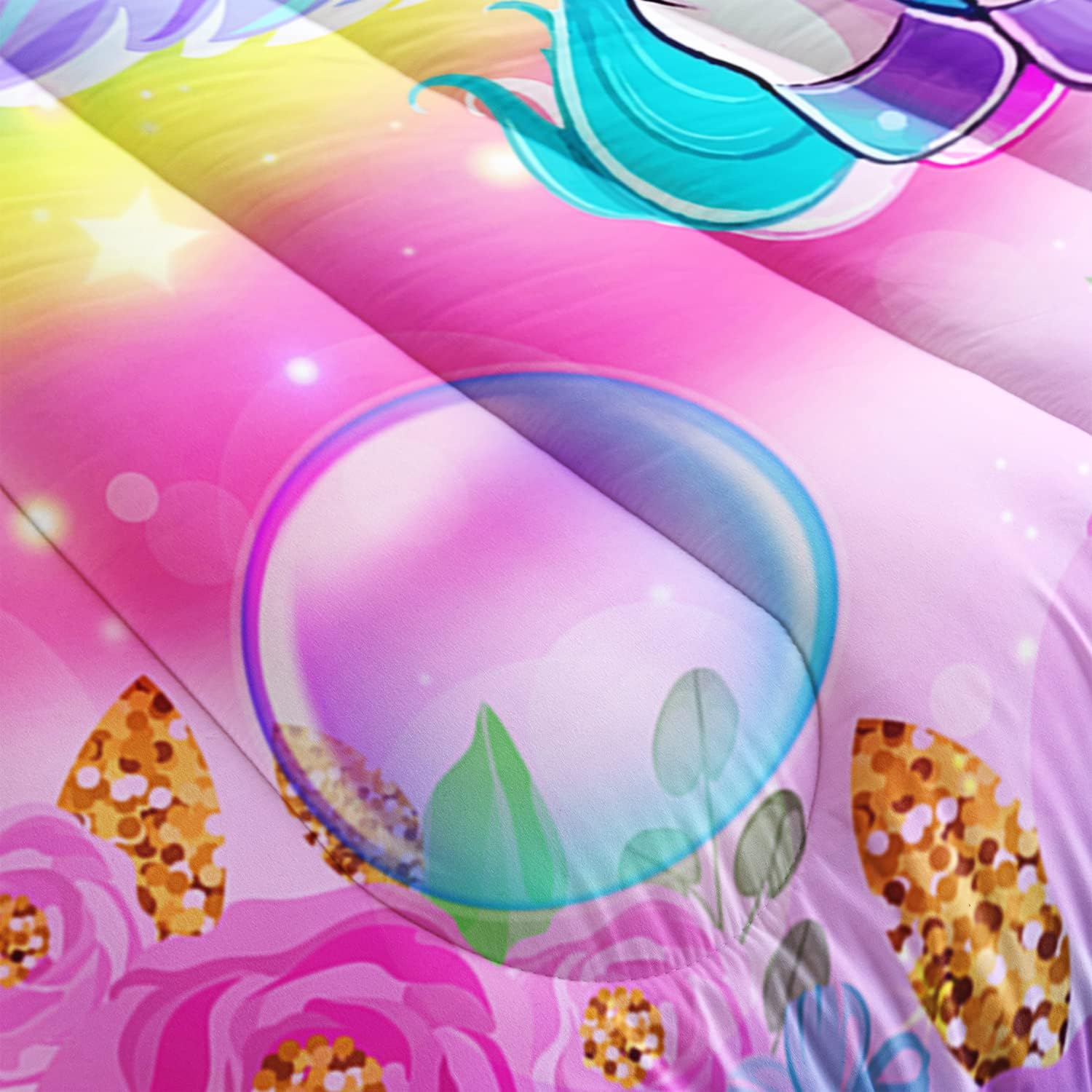 Juego de edredón de unicornio para niños, tamaño individual, matrimonialqueen, 3 piezas, diseño de mariposa, arco iris, flor, estrella, juego de