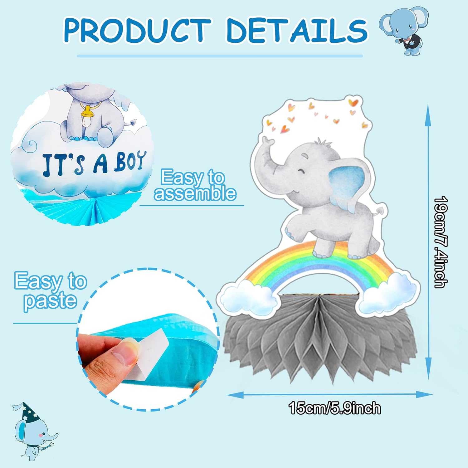 9 piezas de centro de mesa de nido de abeja de elefante azul, decoración de baby shower de elefante para niños, centros de mesa de baby shower,