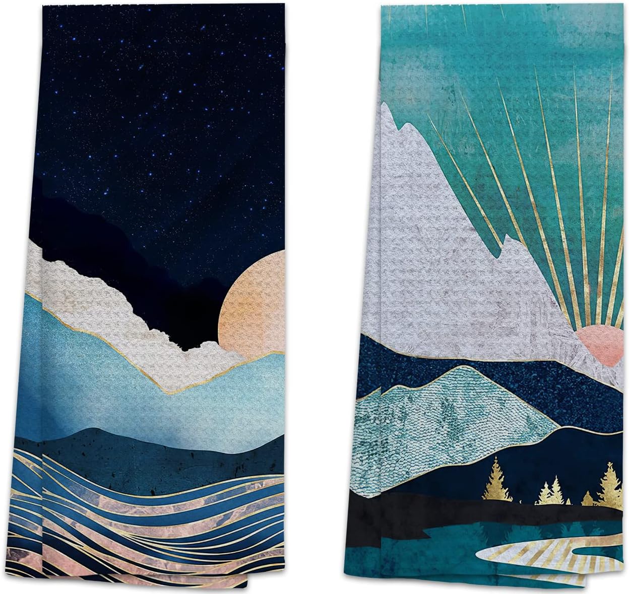 TUNW – Juego de 2 toallas de cocina para baño, estilo bohemio, abstracto, montañas y medianoche, suaves y absorbentes, toallas de mano bohemias,