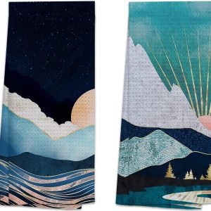 TUNW – Juego de 2 toallas de cocina para baño, estilo bohemio, abstracto, montañas y medianoche, suaves y absorbentes, toallas de mano bohemias, TUNW – Juego de 2 toallas de cocina para baño, estilo bohemio, abstracto, montañas y medianoche, suaves y absorbentes, toallas de mano bohemias,