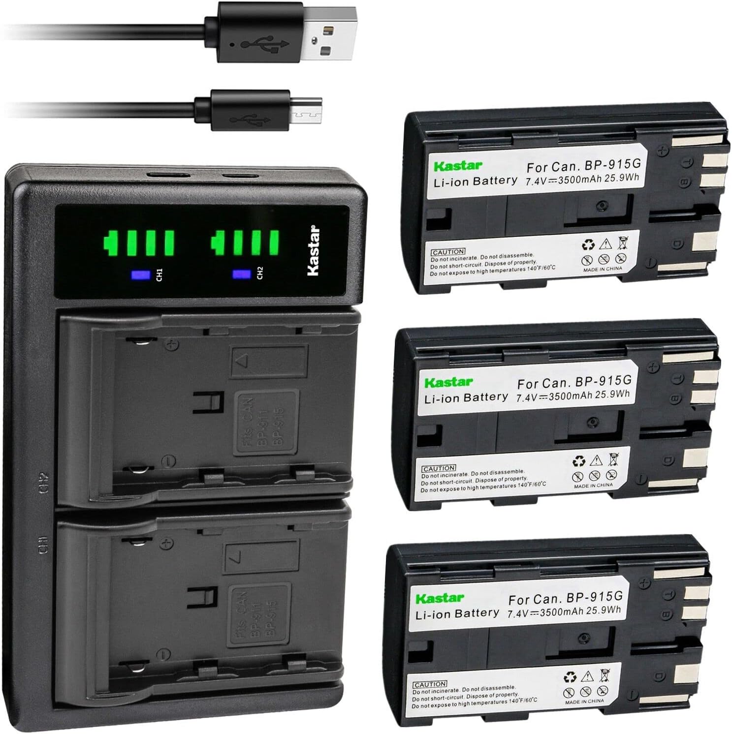 Kastar Paquete de 3 baterías BP-915G y cargador USB LTD2 compatible con Canon C2, FV1, DM-MV1, DM-MV10, DM-MV20, E1, E2, E30, E65AS, EOS C100, C100