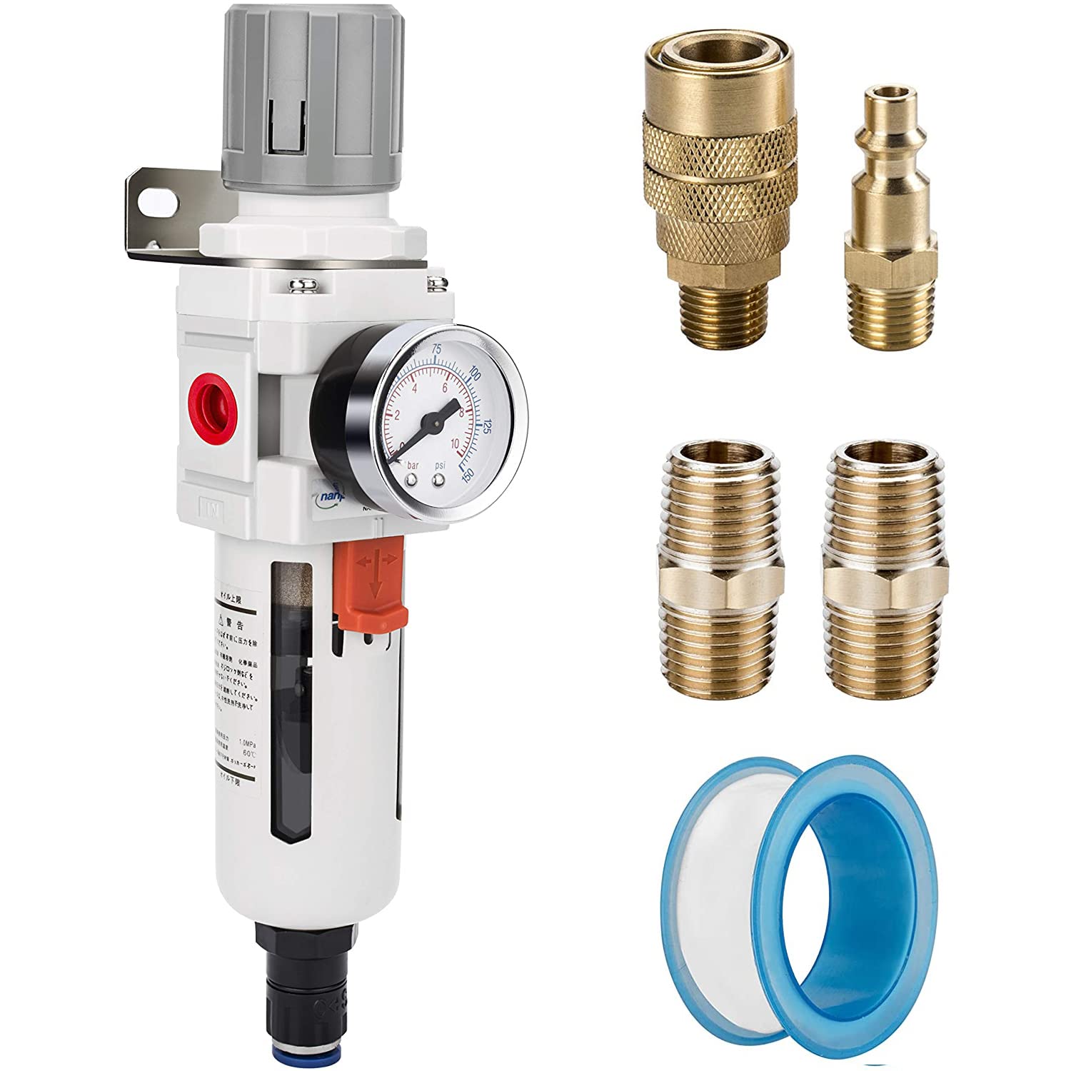 NANPU Regulador de filtro de aire comprimido NPT de 12 pulgada combinado a cuestas, drenaje automático, elemento de latón de 5 micrones, cuenco de