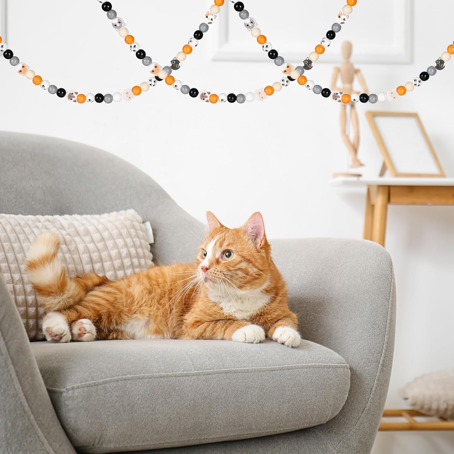 200 cuentas de madera con estampado de gato de 0.630 in, cuentas redondas de madera naturales hechas a mano, cuentas espaciadoras pulidas para hacer