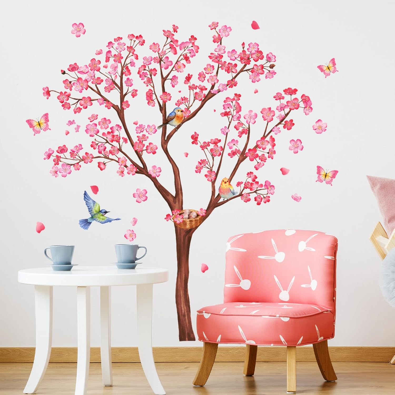 Calcomanías de pared de árbol de flores rosadas, calcomanías de pared de pájaros en ramas, decoración de pared de flores rosas para dormitorio, sala