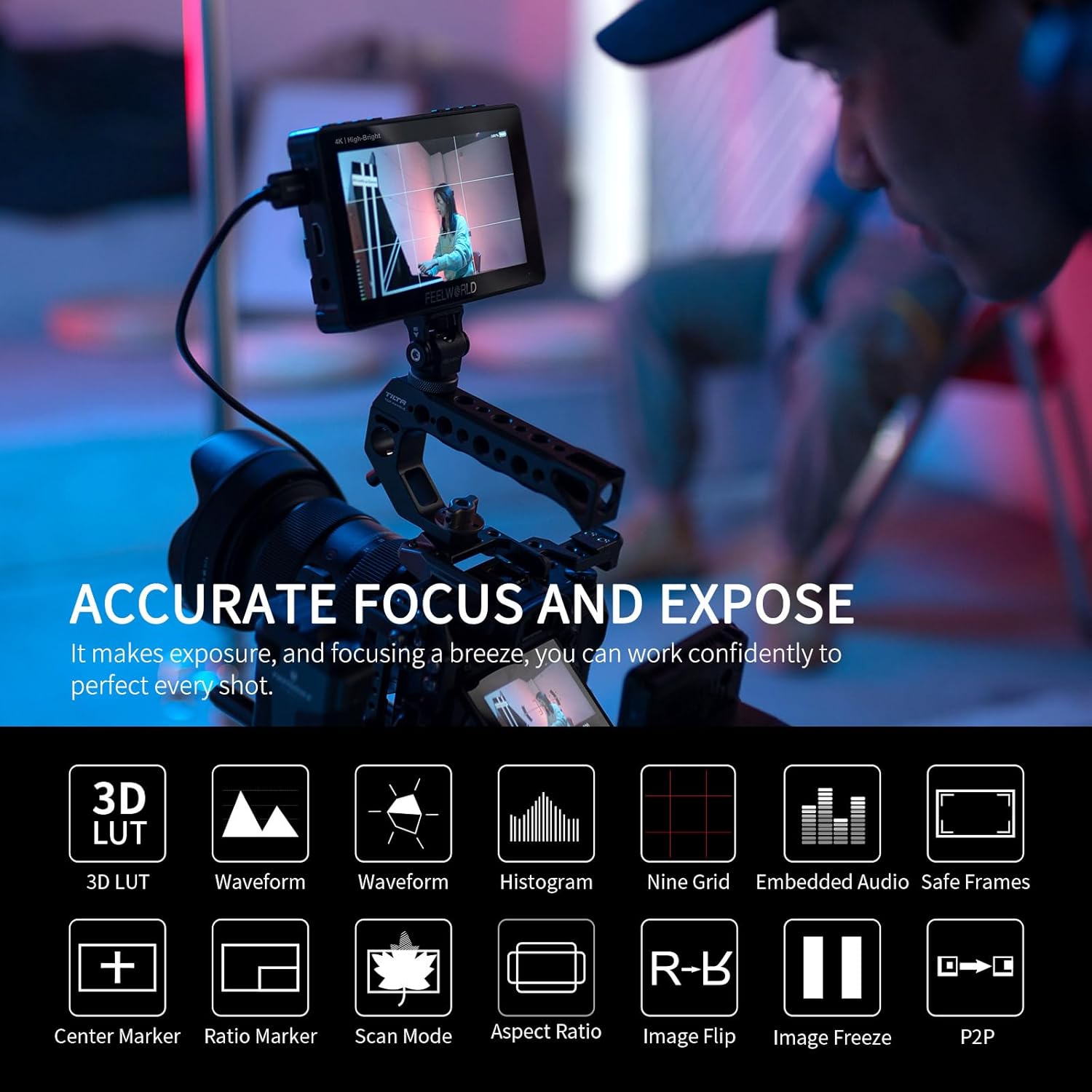 FEELWORLD F5 Prox 5.5 pulgadas 1600nit Cámara DSLR de alto brillo Monitor de campo Pantalla táctil Forma de onda 3D LUT F970 Kit externo Instalar