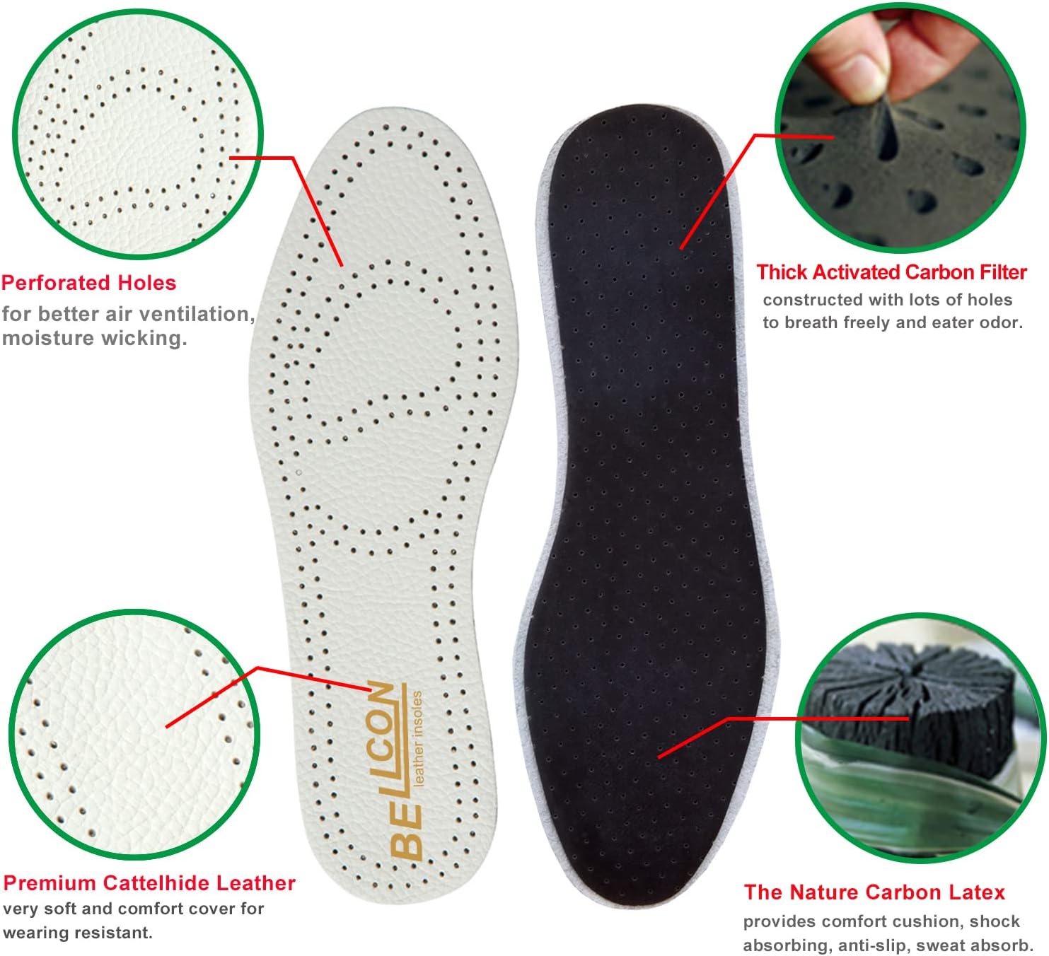 Bellcon – Plantillas de cuero para hombres y mujeres, plantillas de cuero blanco y beige para adultos, insertos de zapatos de longitud completa para