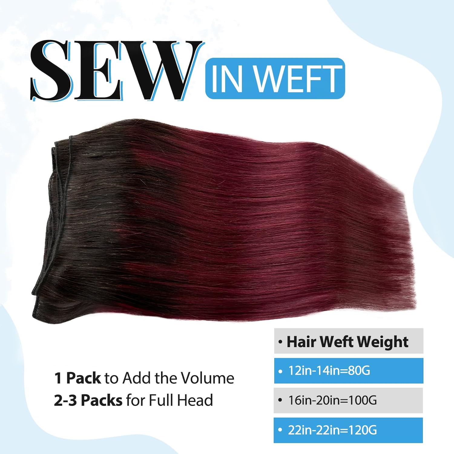 Extensiones de cabello humano para coser, color burdeos, atadas a mano, extensiones de cabello de trama de 16 pulgadas, sedosas y lacias,