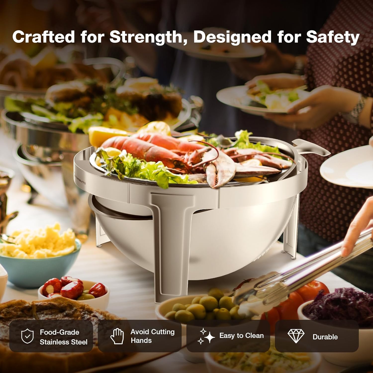 Juego de bufé de 6 cuartos de galón, platos redondos para bufé con tapa visible, utensilios de servir, chafers de acero inoxidable para catering
