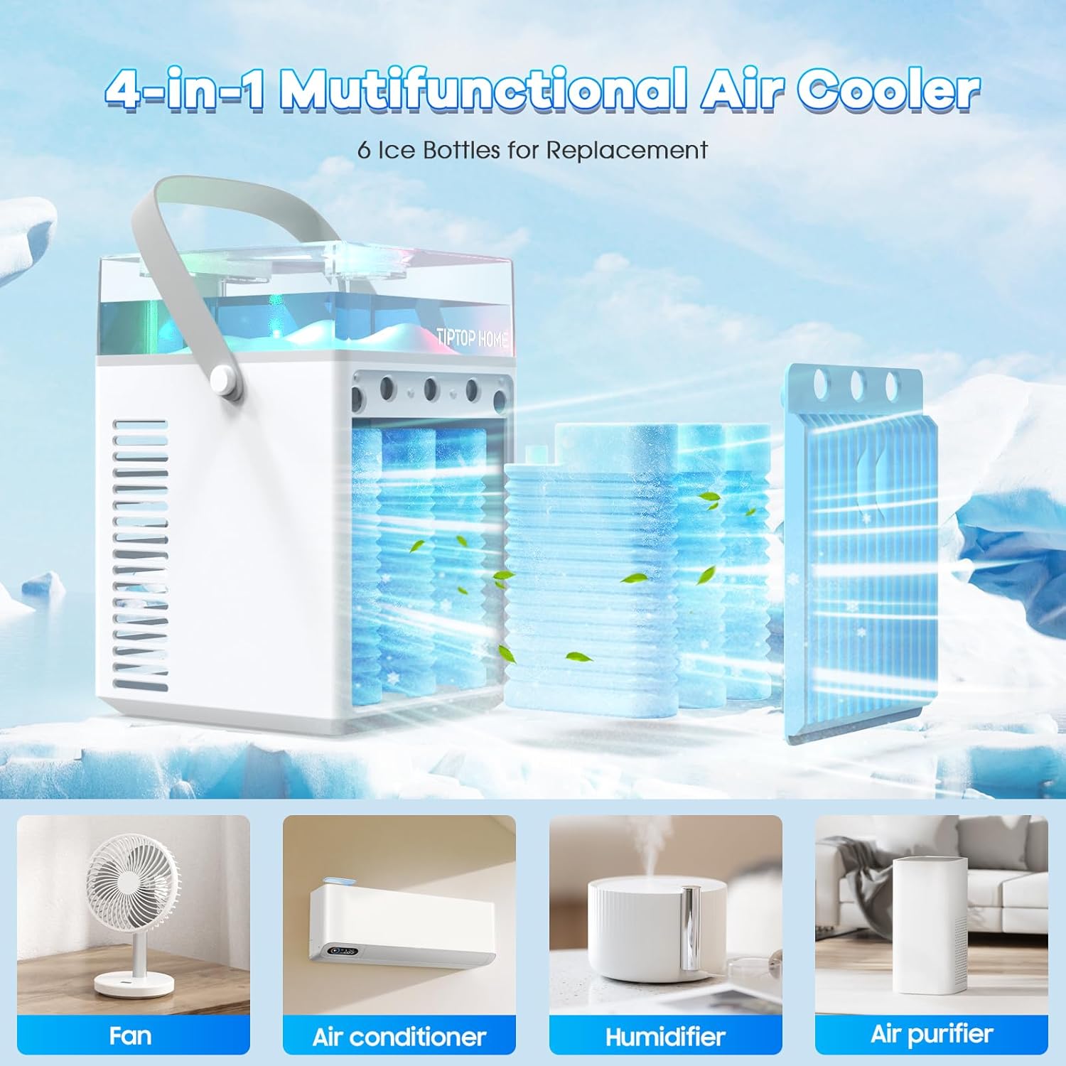 Ventilador de aire acondicionado portátil, mini humidificador personal recargable 4 en 1, enfriador de aire evaporativo de 3 velocidades con 7 luces
