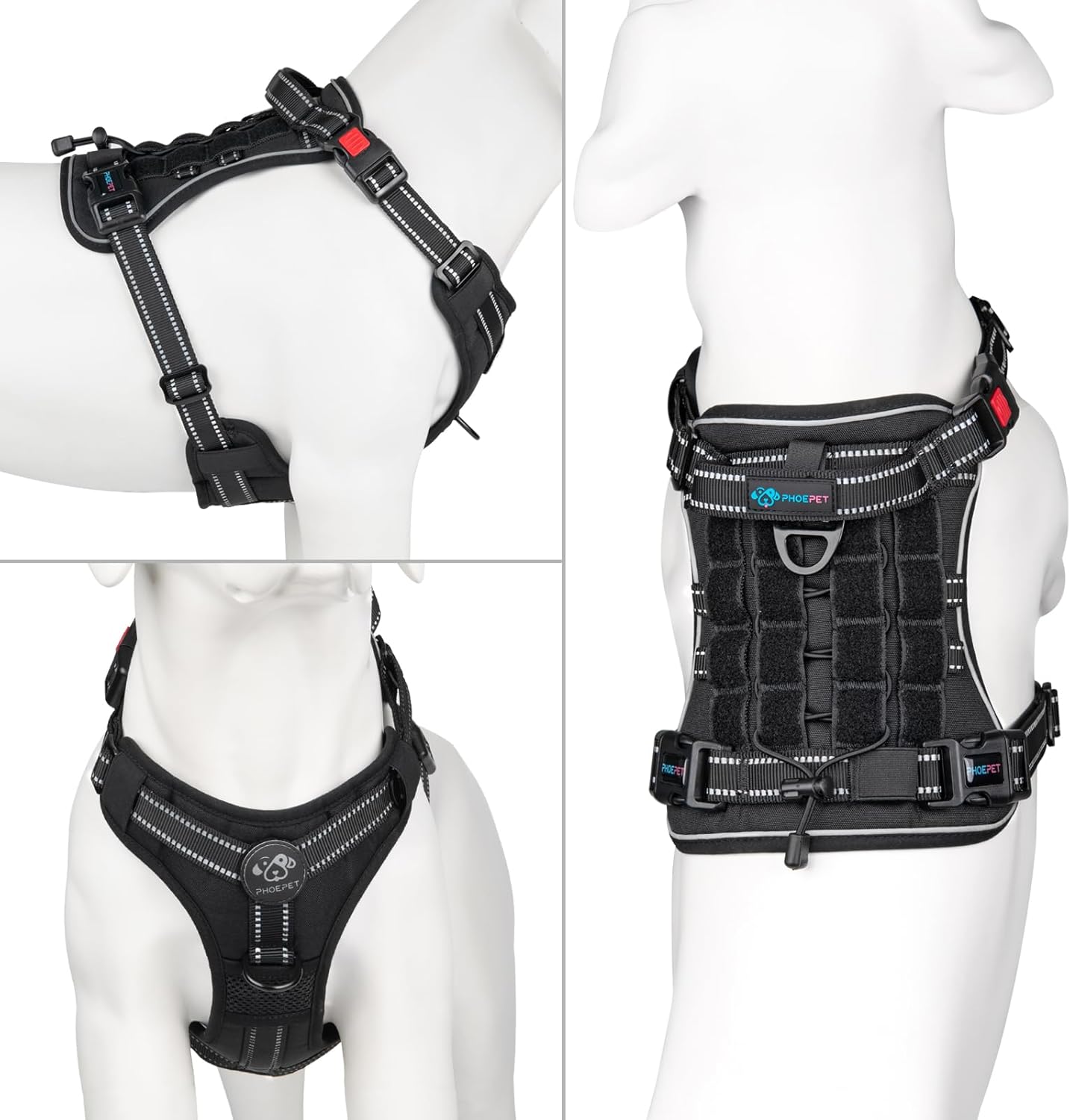 PHOEPET Arnés táctico sin tirones para perro, chaleco de servicio con paneles Molle y bucle, fácil control con asa para perros grandes (negro, XL)