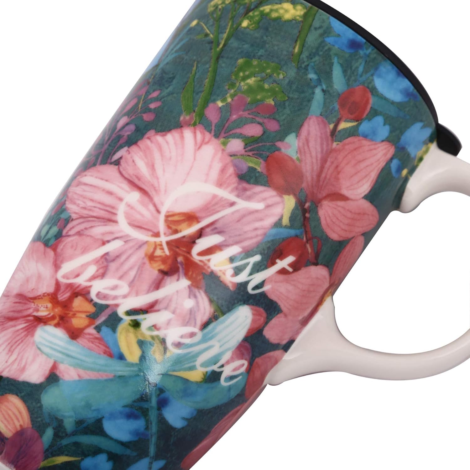 DUSVALLY Taza de cerámica grande taza de café alta tazas de viaje taza de té con leche de porcelana con tapa y caja de color 17oz, simplemente cree,