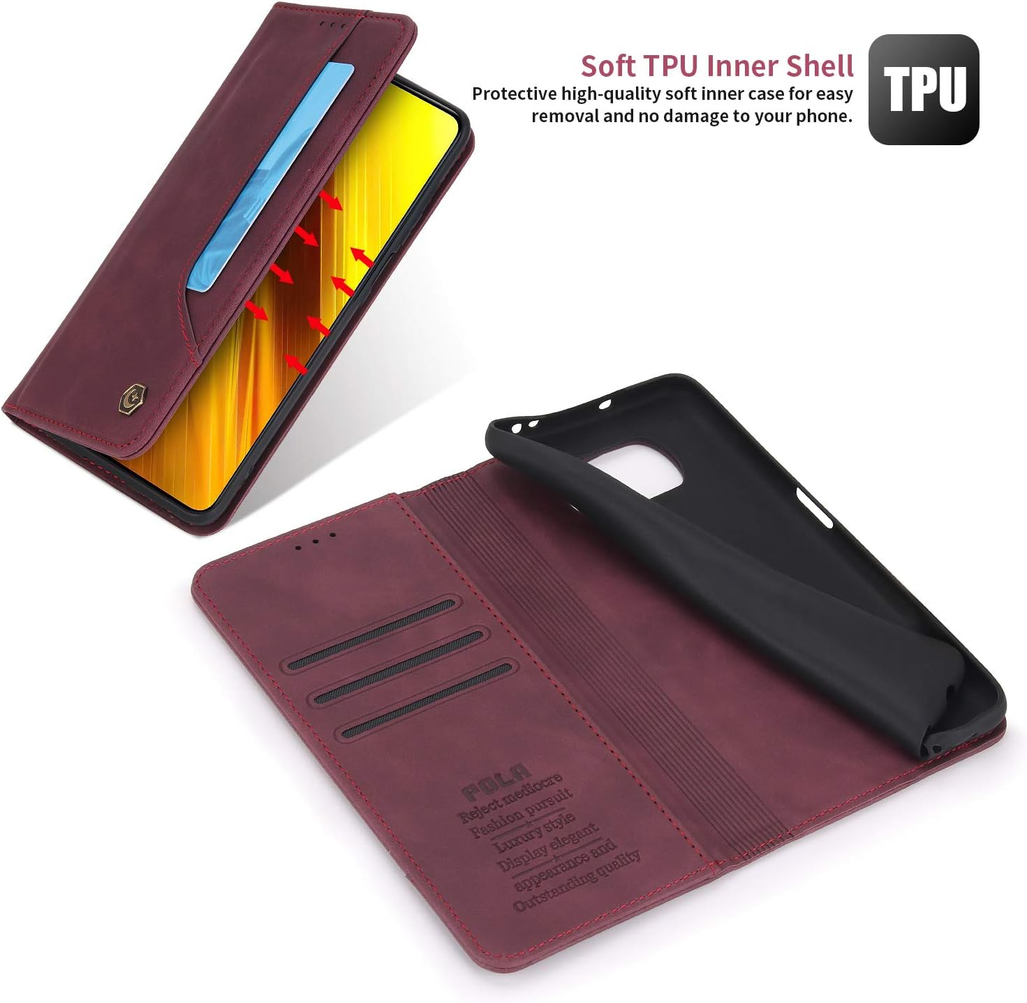 nincyee Funda con tapa para Xiaomi Poco X3 Pro, cuero vegano premium, cierre magnético, con soporte para tarjetas y 4 tarjeteros