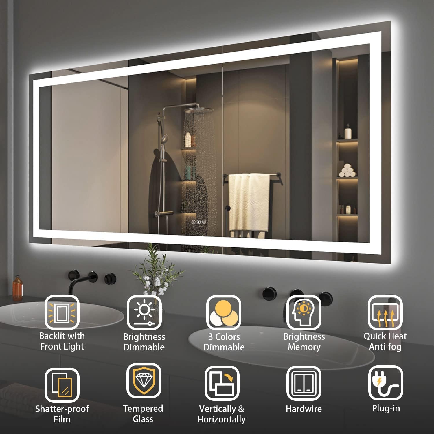 Espejo de baño LED de 72 x 36 pulgadas con luz frontal + retroiluminada, espejo de baño de vidrio templado con luces, antivaho, 3 colores con