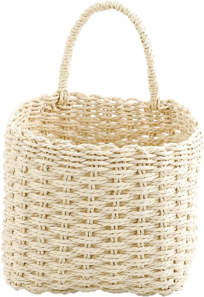 SHCMSADO Cesta de almacenamiento colgante de cuerda de papel tejida en la pared, decoración del hogar, cesta decorativa tejida a mano para