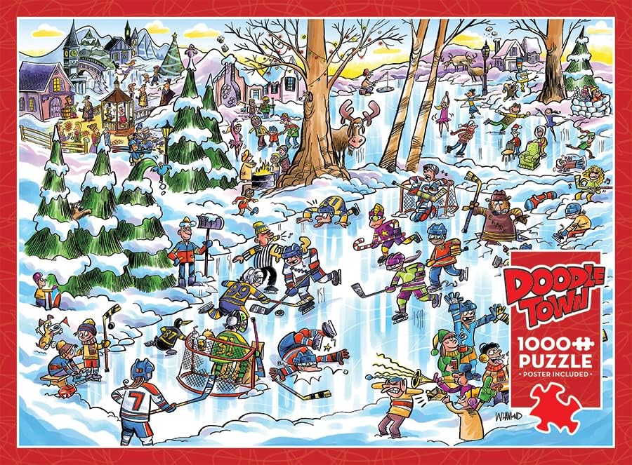 Cobble Hill – Rompecabezas de 1000 piezas, DoodleTown Hockey Town, póster de muestra incluido